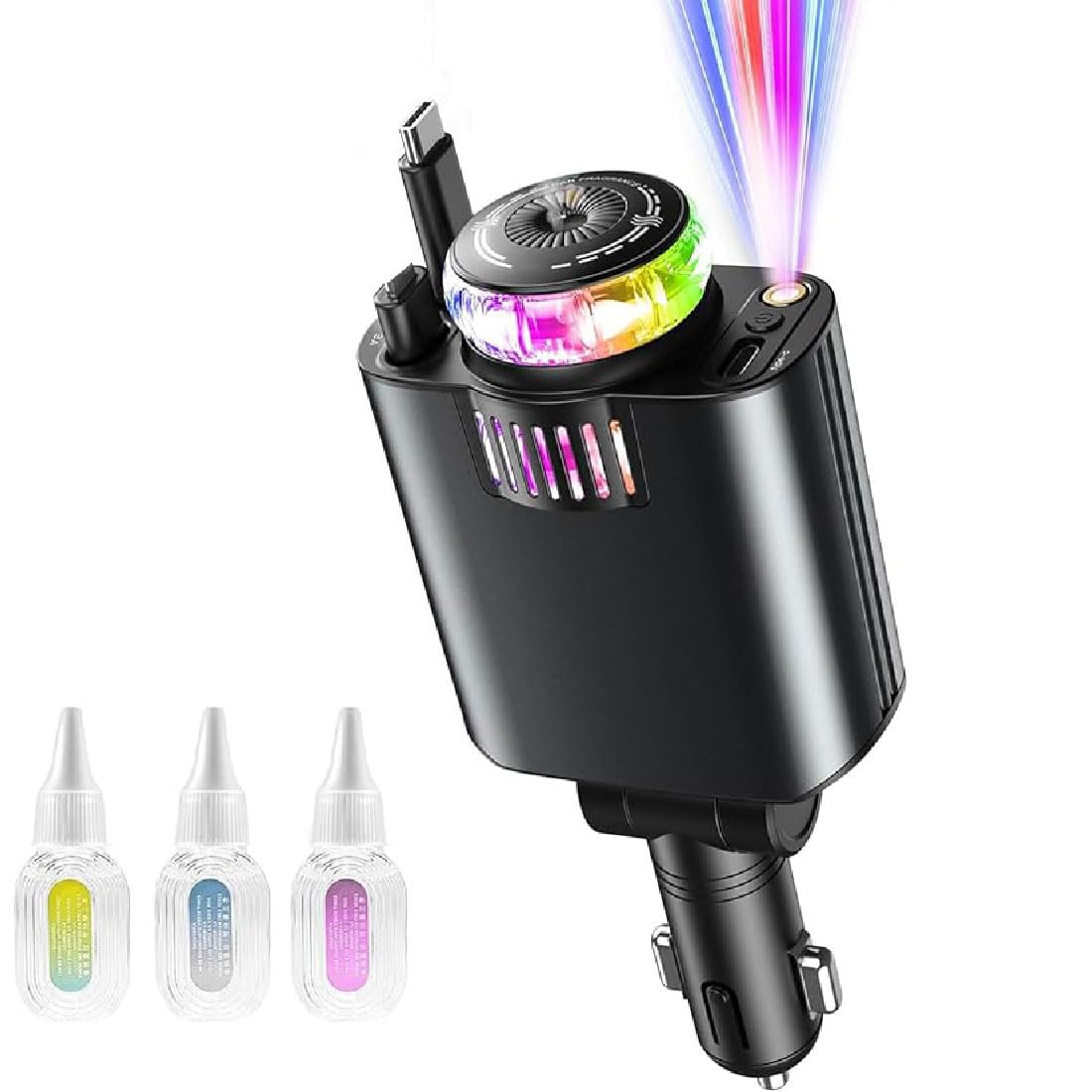 GUSHE Aroma Starlight Car Charger, Chargeur Voiture 5 en 1 USB C à Charge Ultra Rapide, Rétractable avec aromathérapie et lumière des étoiles