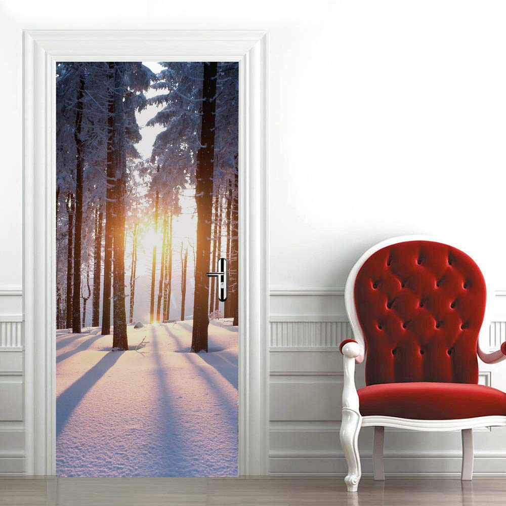 3d Stickers Porte scène de neige au coucher du soleil 3d Sticker Porte En Bois Auto-AdhéSif Mural De La Maison Stickers Muraux Chambre Salon Affiche Amovible Art Autocollants L100 x H200cm