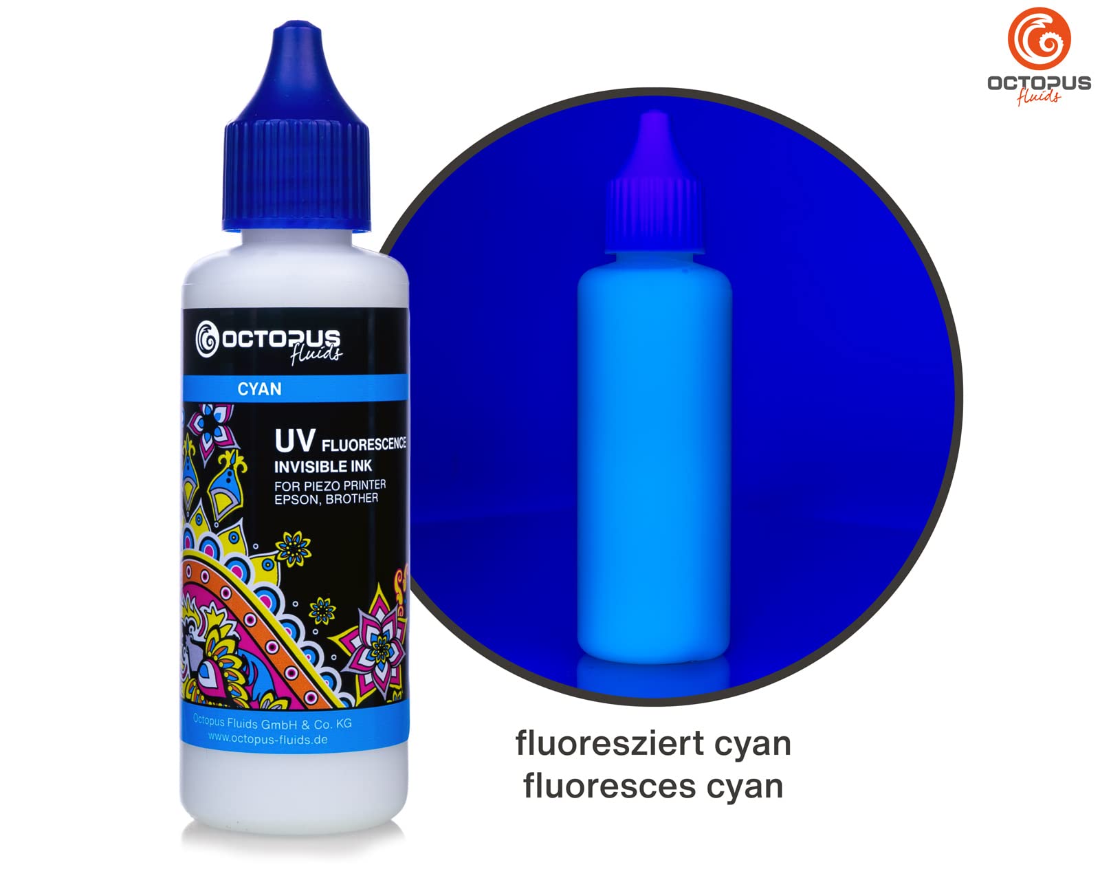 Octopus 4X 50ml Encre UV fluorescente invisible compatible pour Epson et Brother, Blanc, Cyan, Magenta, Jaune