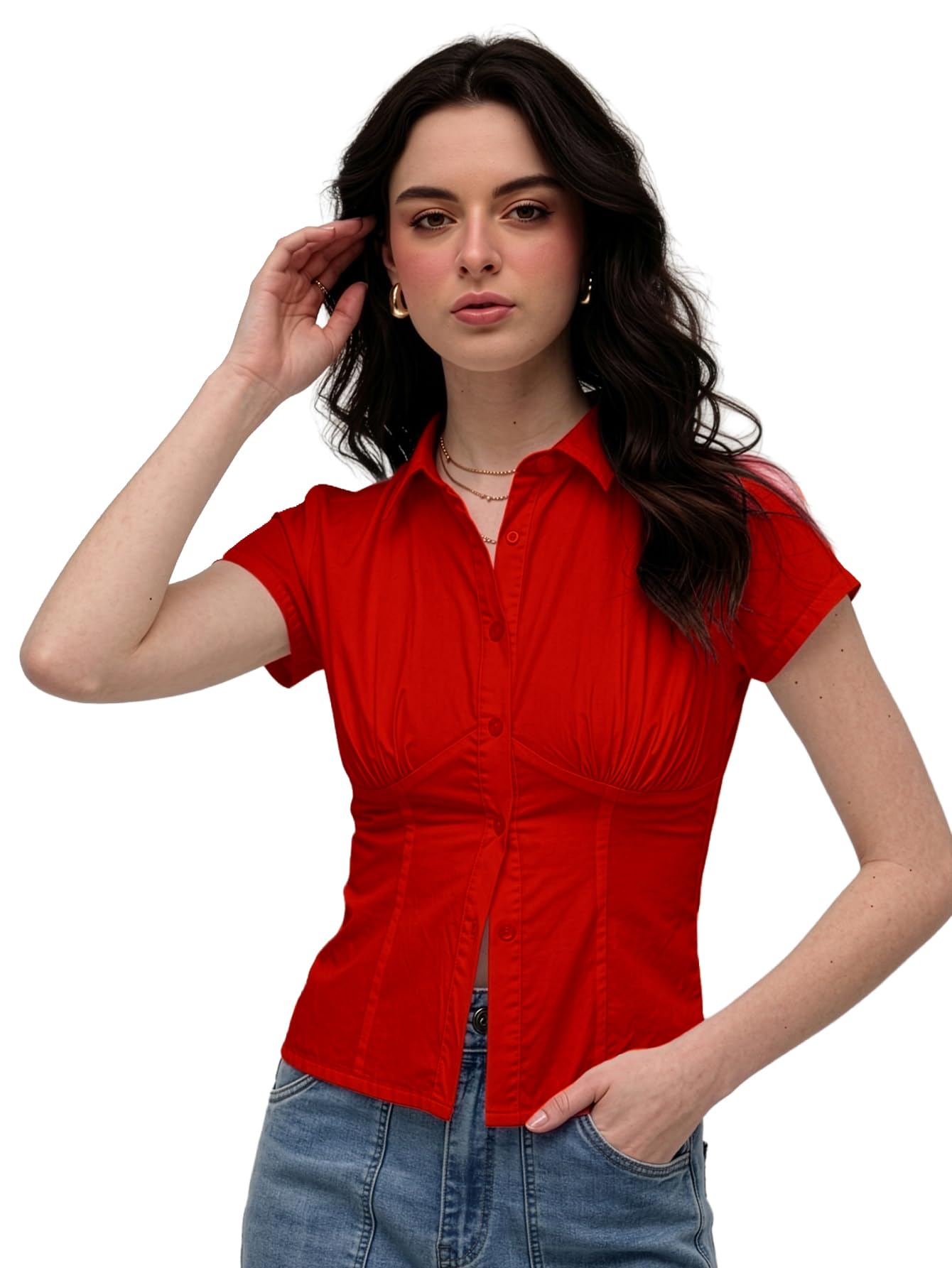 aahwan Solid Front Stylish Gathered Detail Short Sleeves Casual Shirt for Women' & Girl's-picture-45