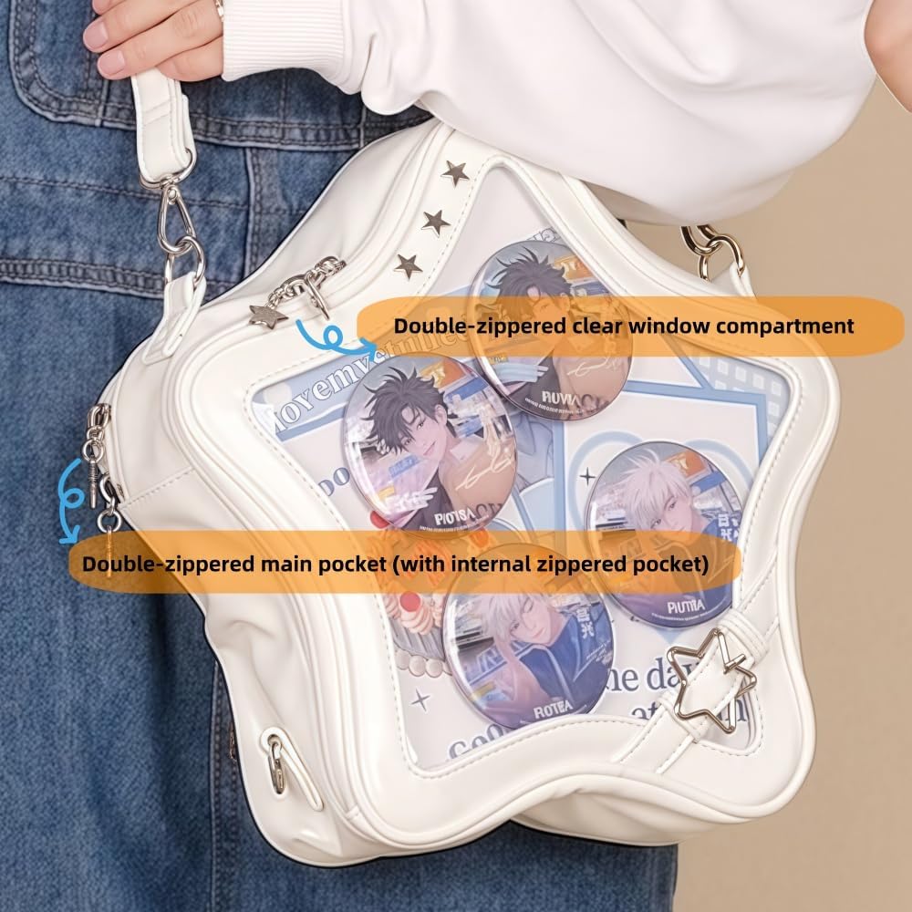 Kawaii Ita Bag Backpack Star Pins Display Crossbody Bag with Insert Y2k Aesthetic Cute Handbag for Anime Comic Con (White) - Image 4
