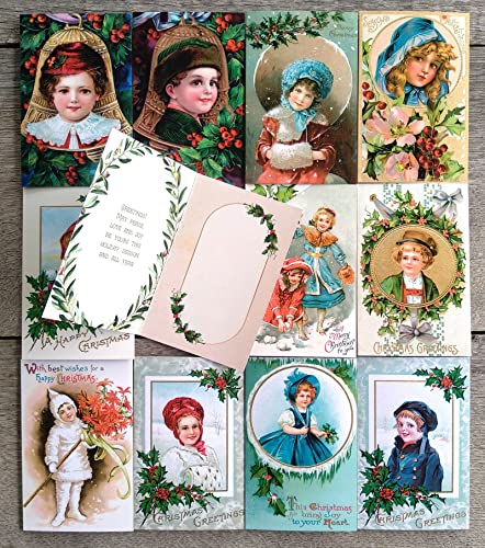 Image of PIXILUV CHRISTMAS PORTRAITS (Pack of 12) Notecards Small Greeting Cards # Beautiful Portraits of Children at Christmas ~ Vintage Christmas Postcards Reprint