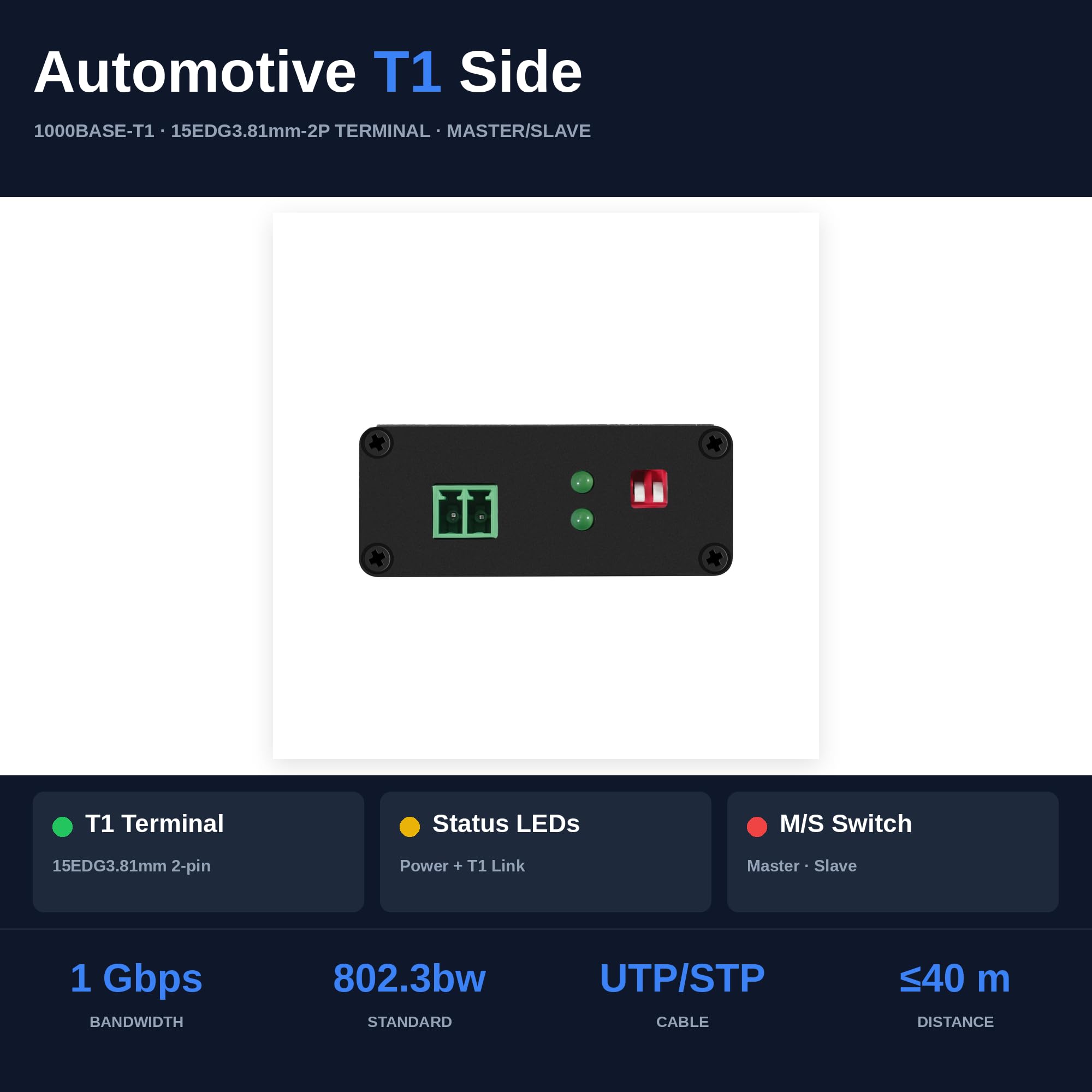 100/1000Base-T1-TX-E Automotive Ethernet Medienkonverter – 1 Gbit/s T1 auf RJ45 Adapter, Marvell 88Q2112 + RTL8211FI, Terminalblock + TE MATEnet/HMTD Adapter, Typ-C/DC Power