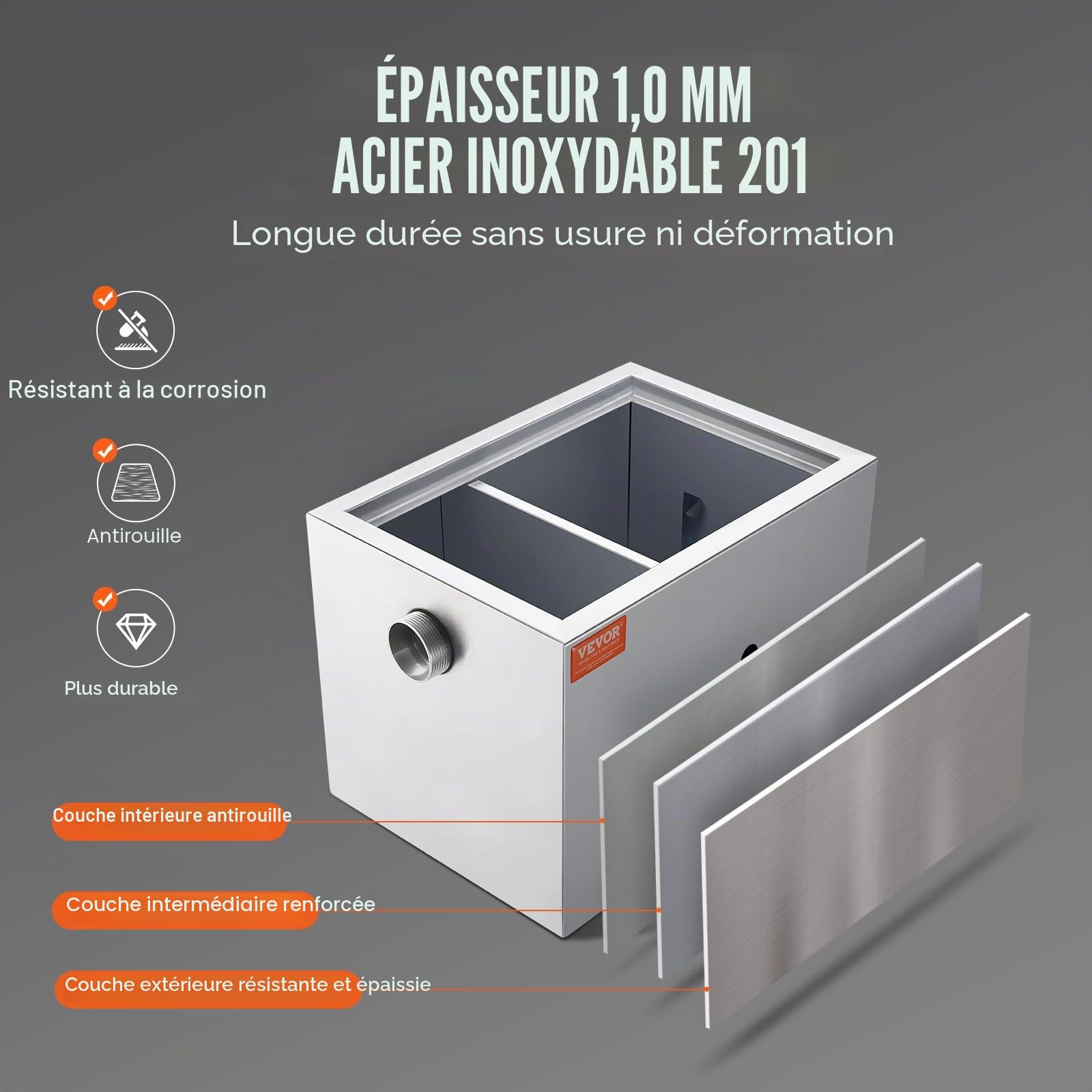 VEVOR Intercepteur à Graisse Commercial, Séparateur de Graisse 3,6 kg, Bac à Graisse Entrée Latérale, sous l'Évier en Inox, Séparateur Huile-Eau d'Eaux Usées 2,8 GPM, pour Cuisine Cantine Restaurant