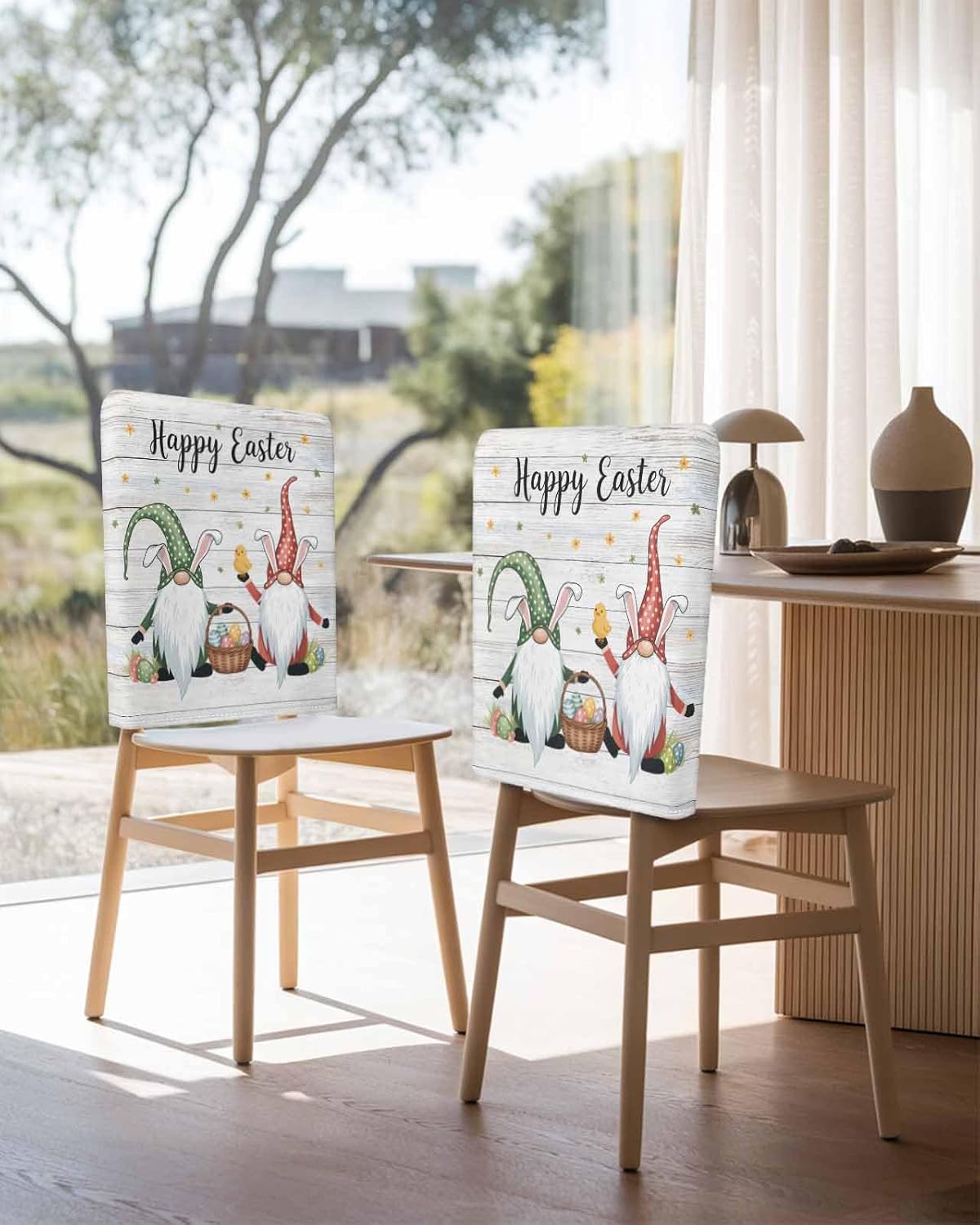 Savannan Dining Chair Back Covers, Happy Easter Cartoon Gnome with Eggs Basket Rustic Wooden Chair Covers Chair Slipcovers Protective Covers for Holiday Party Festival Decoration, Set of 4