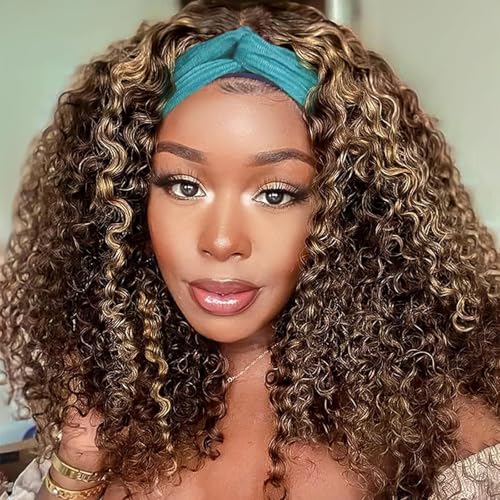 Image of Ombre Headband Wig Human Hair Highlight Kinky Curly Headband Wigs for Black Women #4 /27 Curly Headband Wig Human Hair Glueless Wear and Go None Lace Front Wig Brazilian Virgin Hair 18 Inch