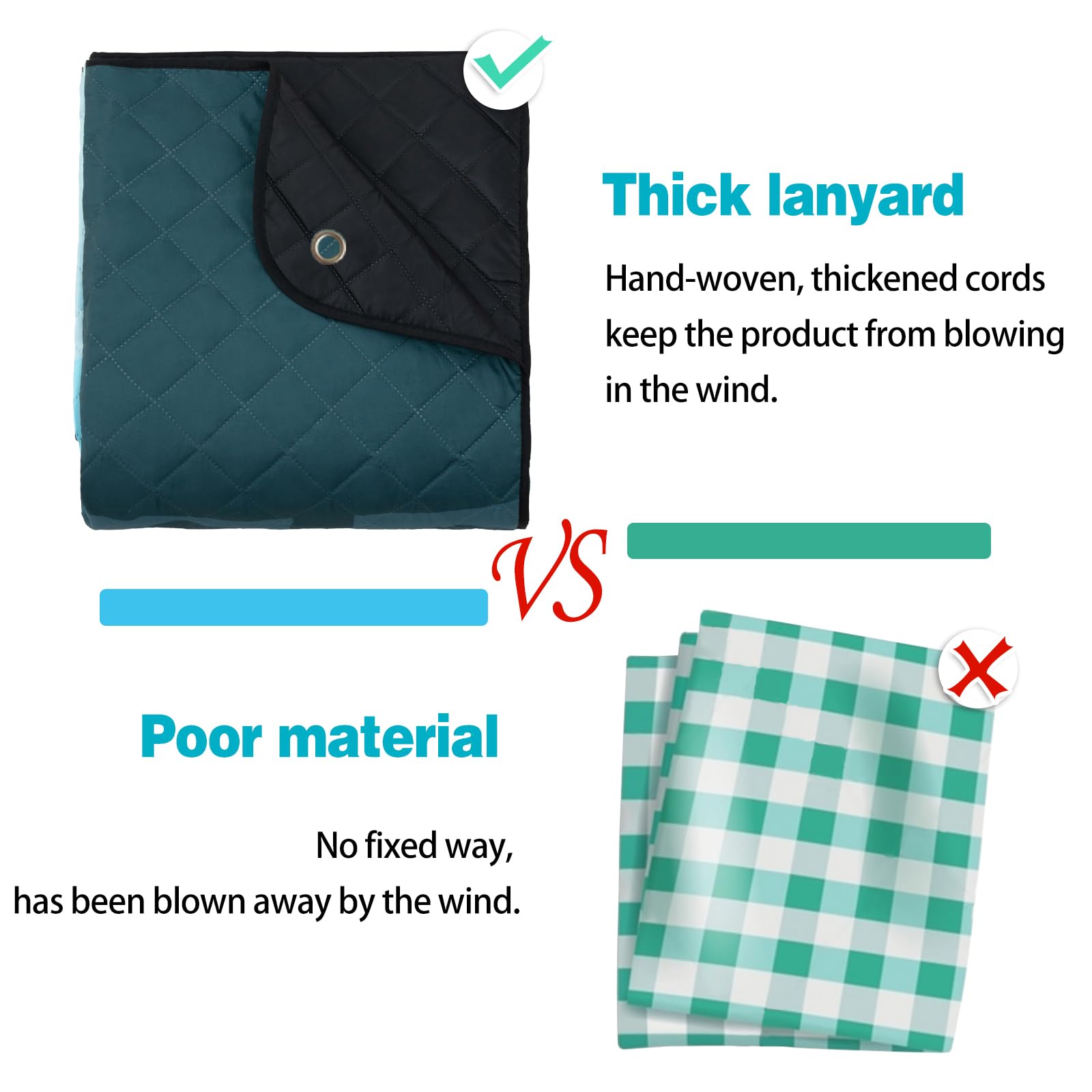 PY SUPER MODE Coperta da picnic impermeabile extra large, 200 x 200 cm, 5 strati, per spiaggia, campeggio, parco, prato, sistema di ancoraggio antivento con paletti, pieghevole, blu e marrone