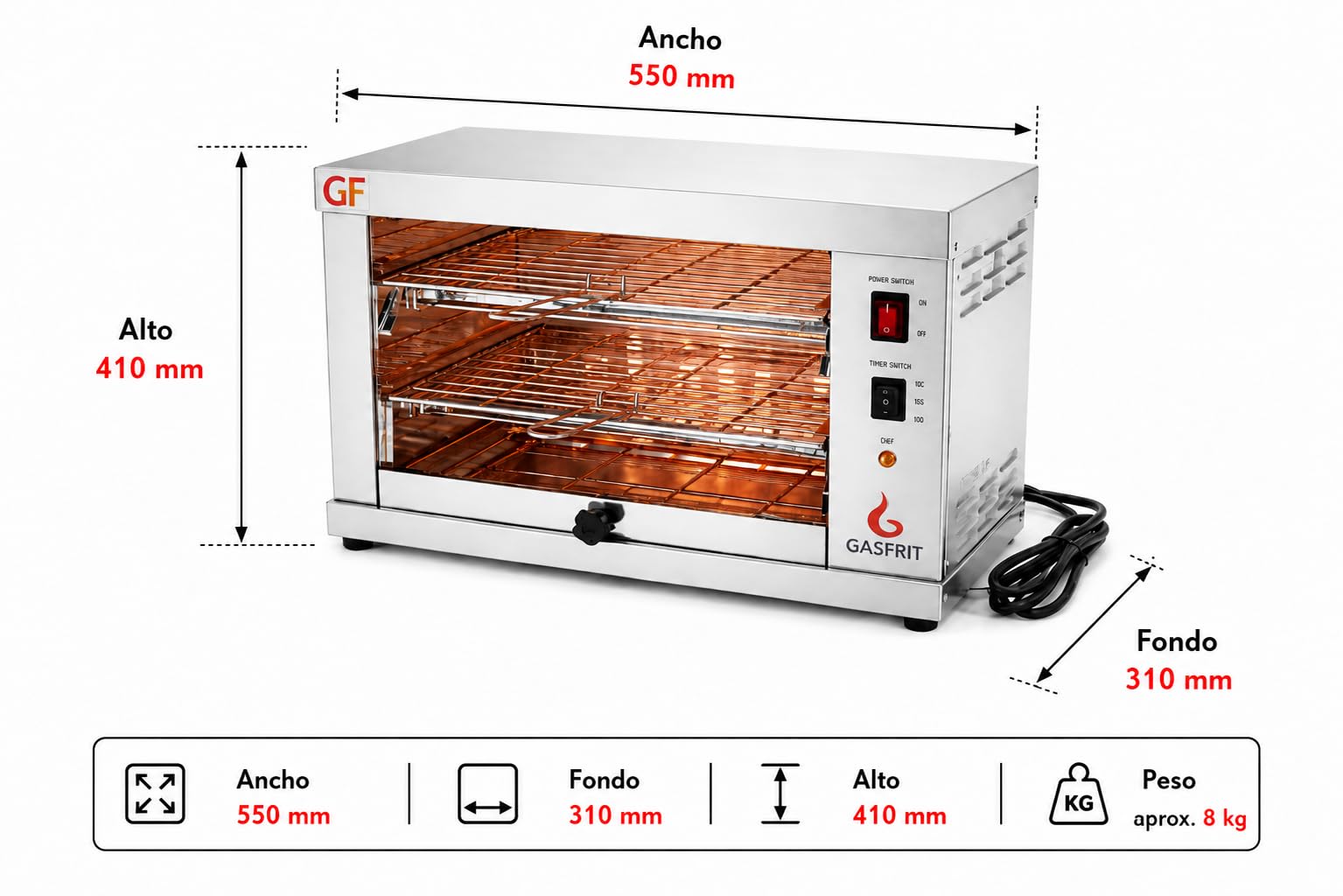 Tostador Eléctrico Industrial de Cuarzo 2 Plantas, opción temporizador, 3000W, Acero Inoxidable, Parrilla y Bandeja Recogemigas Extraíbles, Uso Profesional Hostelería