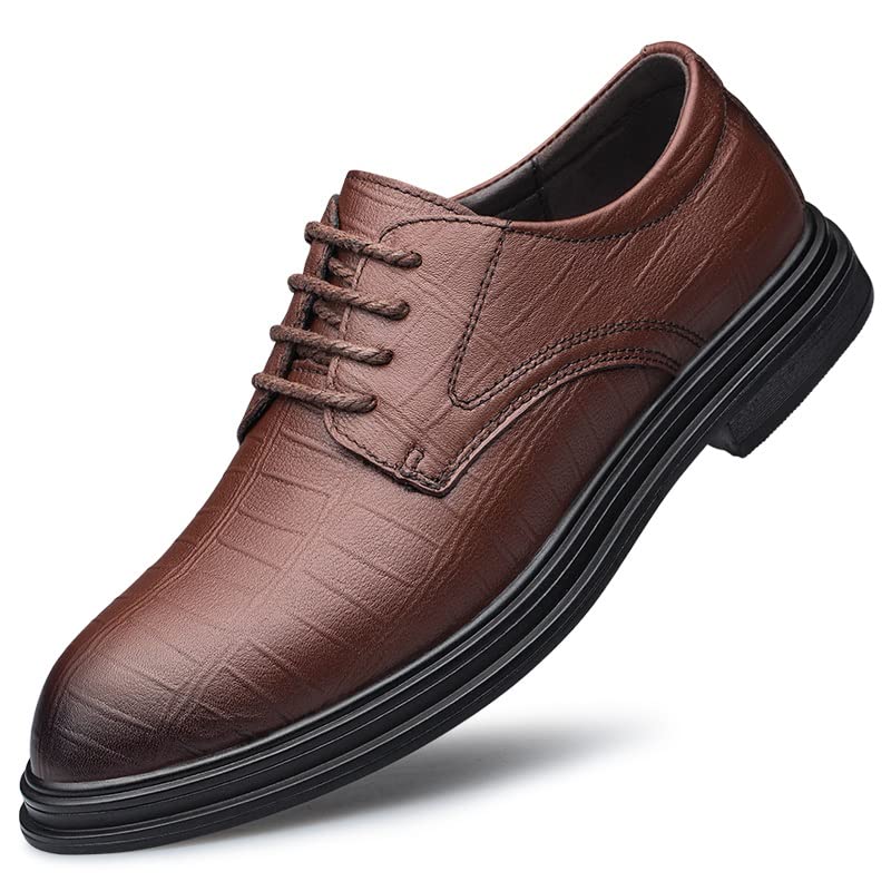 HOOENG Formal Oxford Shoes for Men Lace Up Round Toe Plaid Leather Derby Shoes Rubber Sole Block Heel Low Top Anti-Slip Prom