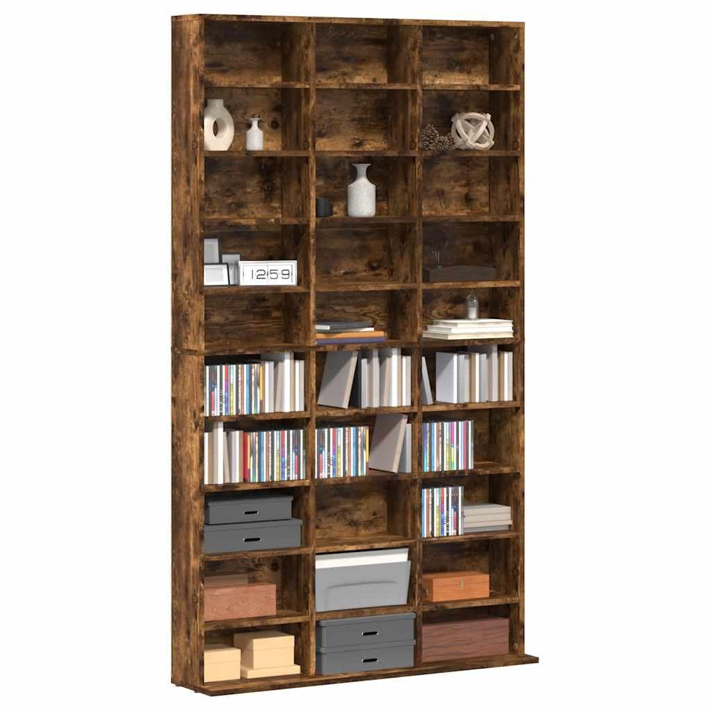 Estantería para CD, roble ahumado, 102 x 23 x 177,5 cm, material de madera con compartimentos abiertos para discos de vinilo y accesorios, versátil como estantería o armario de almacenamiento