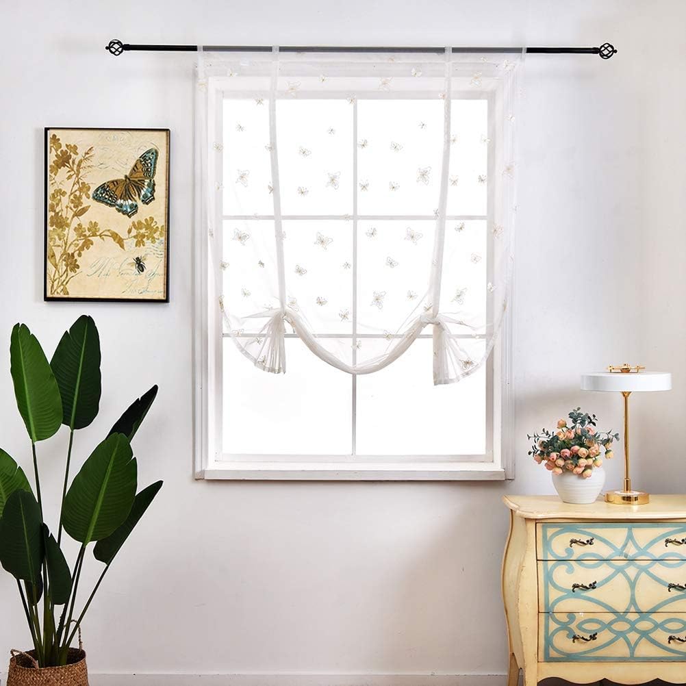 Curtain,Embroidered Voile Tie Blind Curtain Panel Kitchen Bedroom Sheer Semi Sheer Shade Rod Pocket Top/Yellow/80Cm*120Cm/31"*47"