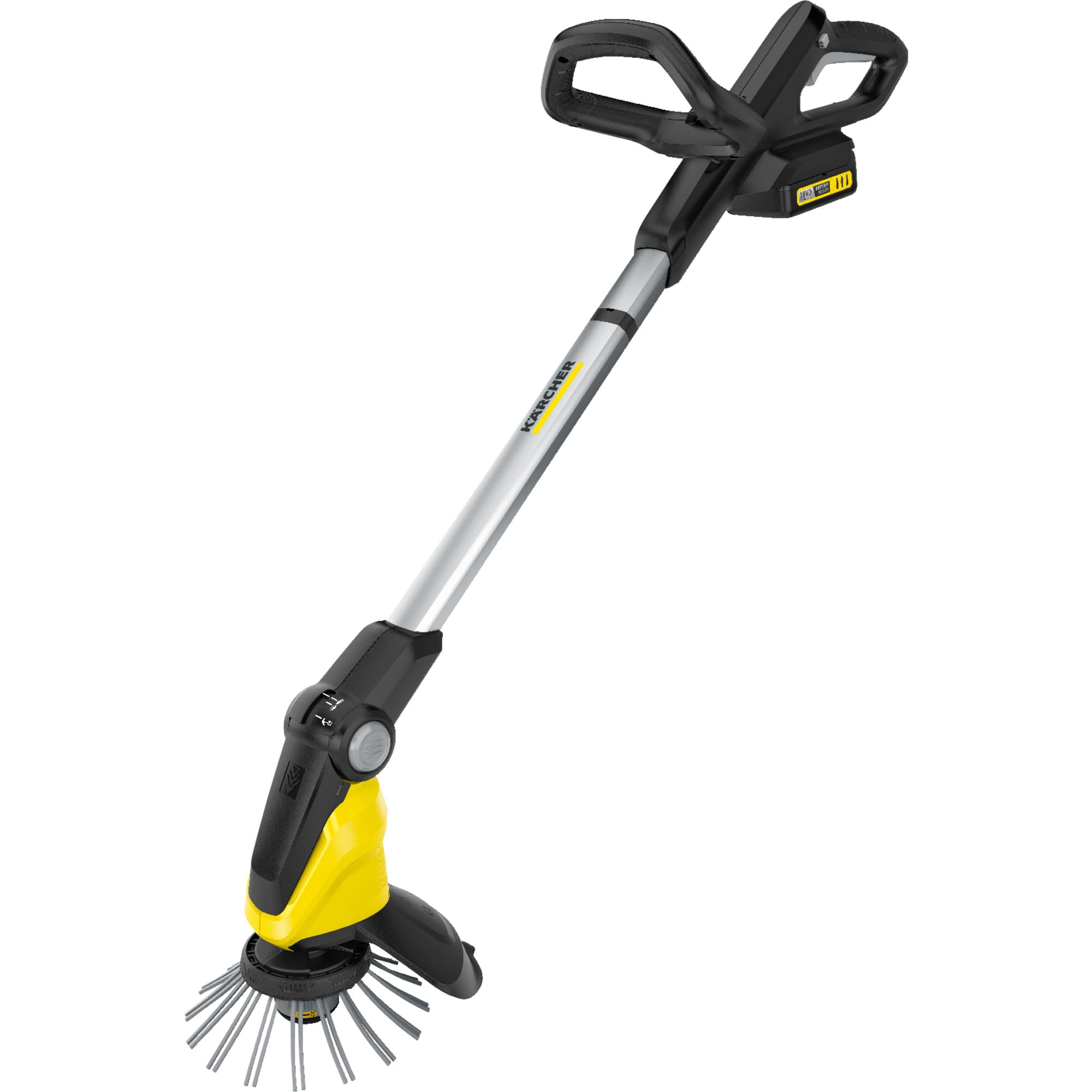 KÄRCHER Désherbeur sans Fil WRE 18-55, Batterie 18 V, Vitesse de Rotation : 2300-2800 TR/Min, Diamètre de la Brosse : 180 mm, Poils en Nylon, Protection Anti-éclaboussures, avec Batterie et Chargeur