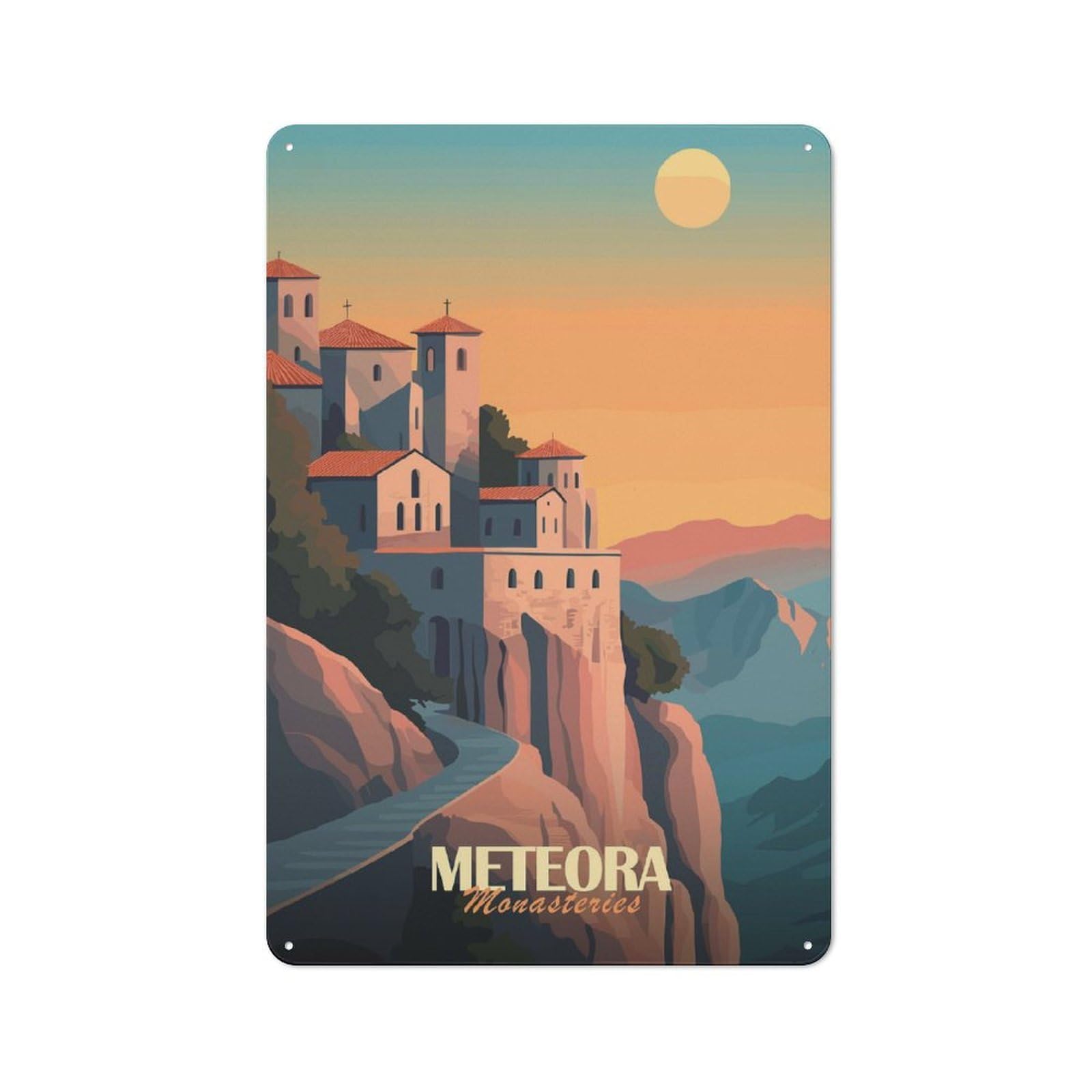 Junmoney Style-24 Tin Sign 30X20cm With Meteora Monasteries For Hallway Wall, Rustic Decor, For Vintage Wall Decor Fans, For Garage And Workshop Walls