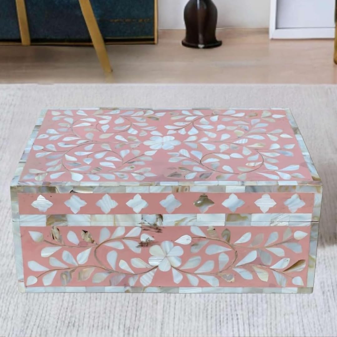 Decorative Storage Box 12 Inches Mother Of Pearl Inlay Floral Design Wooden Storage Box for Living Room Bedroom and Home Decor (Pink)