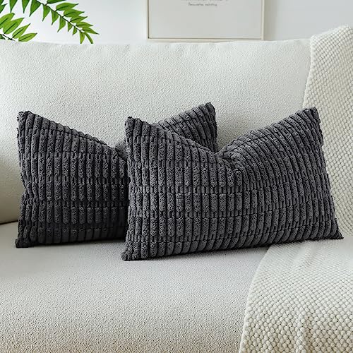 JOTOM Set of 2 Corduroy Soft Striped Cushion Covers 30x50 cm Boho Decorative Throw Pillow Covers Lumbar Cushion Case Couch Home Decor Pillowcases for Sofa Bedroom 12x20 Inch (Dark Grey)