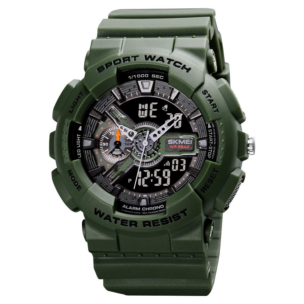 Watches for Men- Water and Shock Resistant- 3D Dial Double Movement LED Screen Large Face Stopwatch Alarm Wrist Watch (ARMY GREEN)
