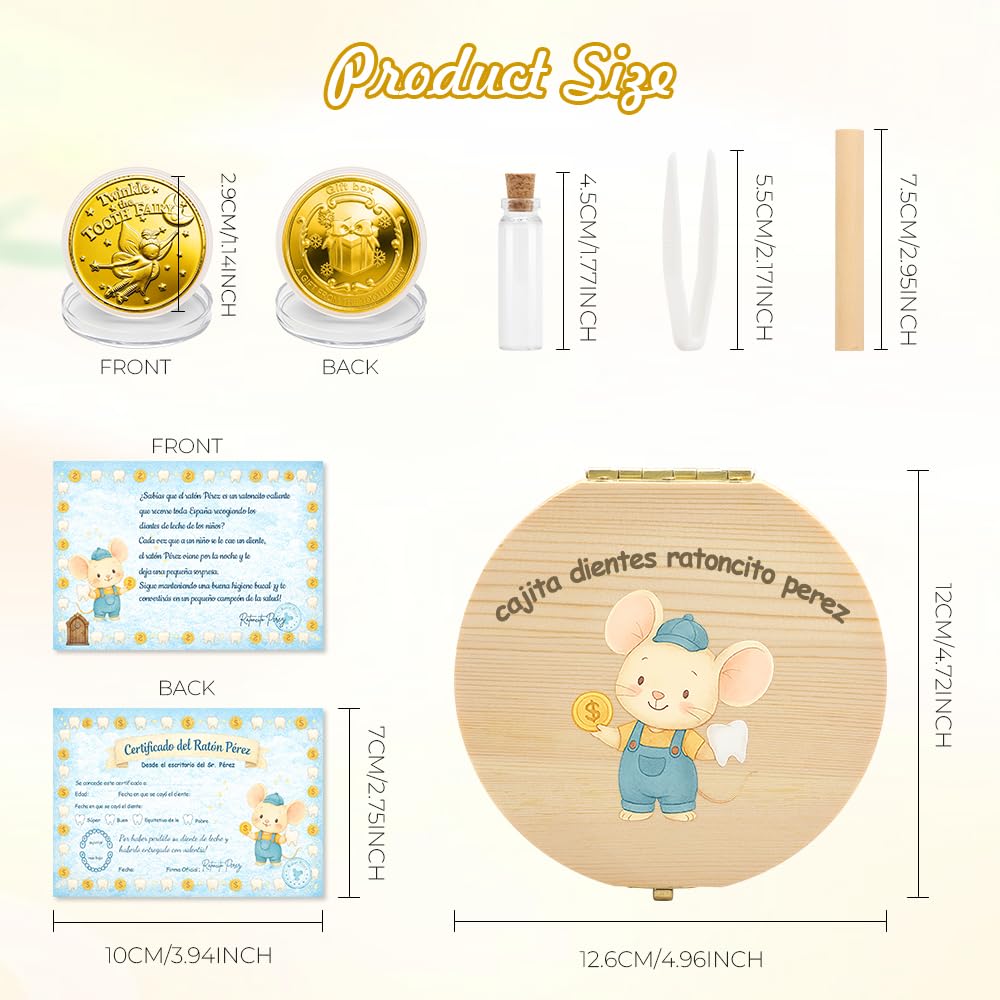WALLFID Caja Dientes de Leche Ratoncito Pérez para Niño y Niña, Cajita de Madera con Motivo Ratón Colorido, Incluye Tarjeta y Moneda,Acumulación de Dientes — view 2