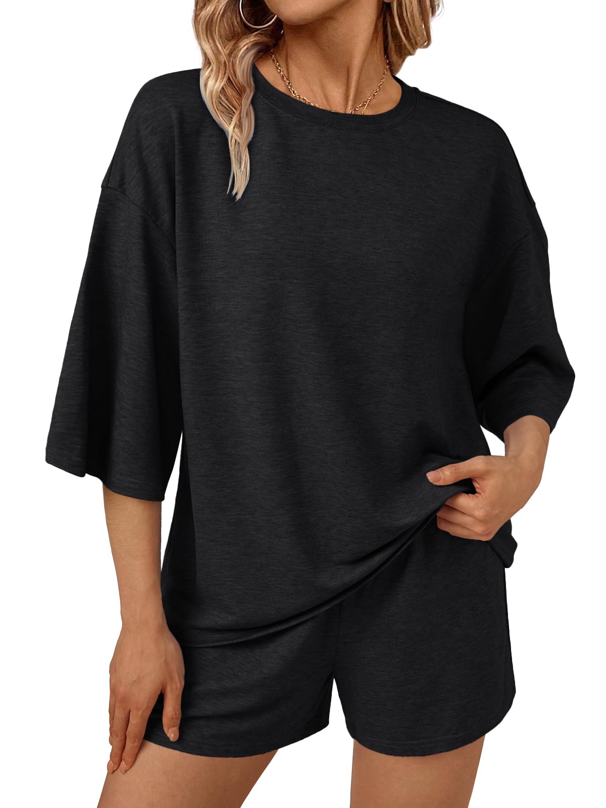 AUTOMET Womens Lounge Sets Two Piece Set Summer Outfits 2 Piece Pajama 3/4 Sleeve Oversized Tshirts Elastic Waist Short