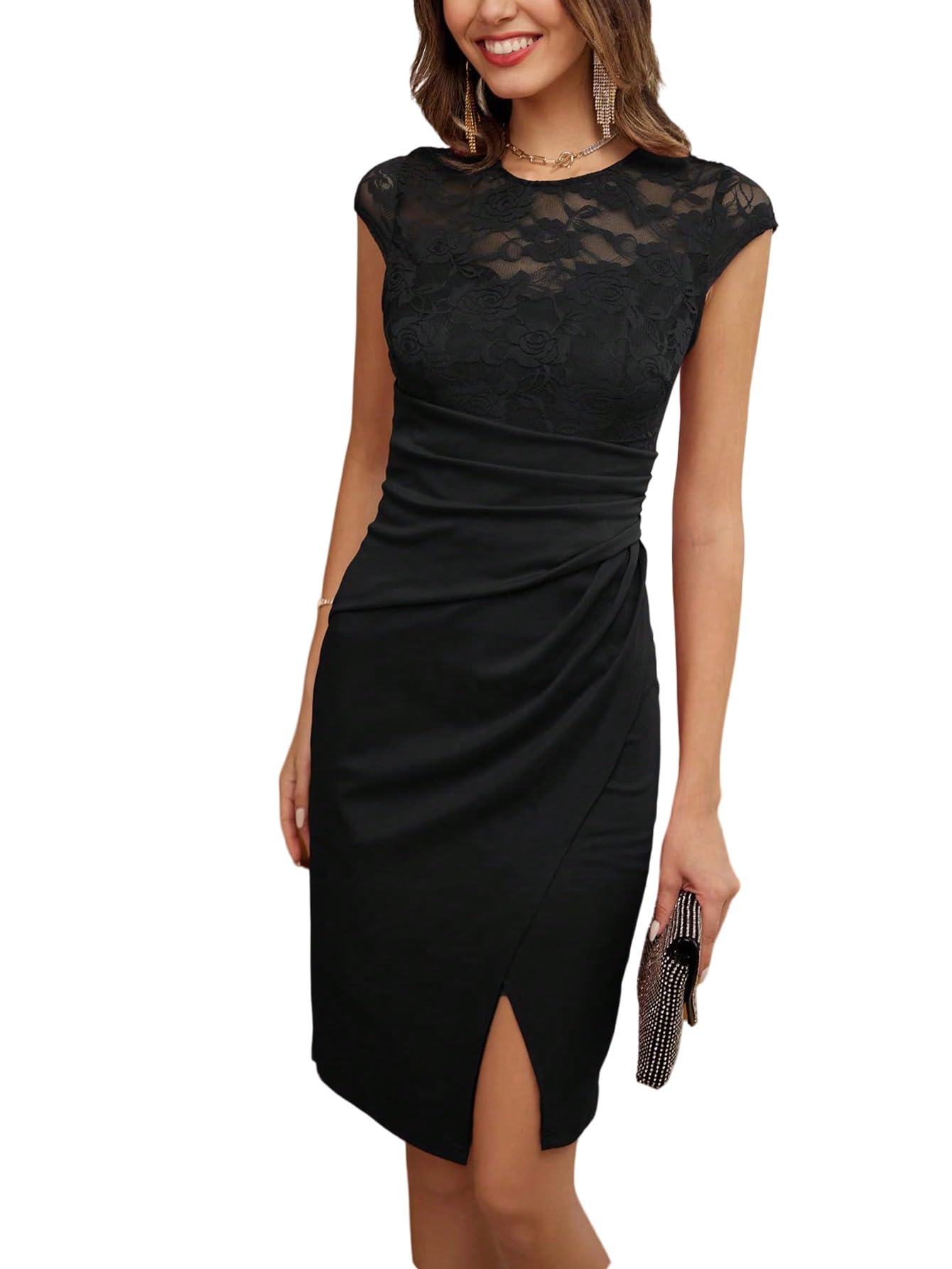 SweatyRocks Damen Elegant Kleid Mit Schlitz Enger Spitzenkleid Bürokleid