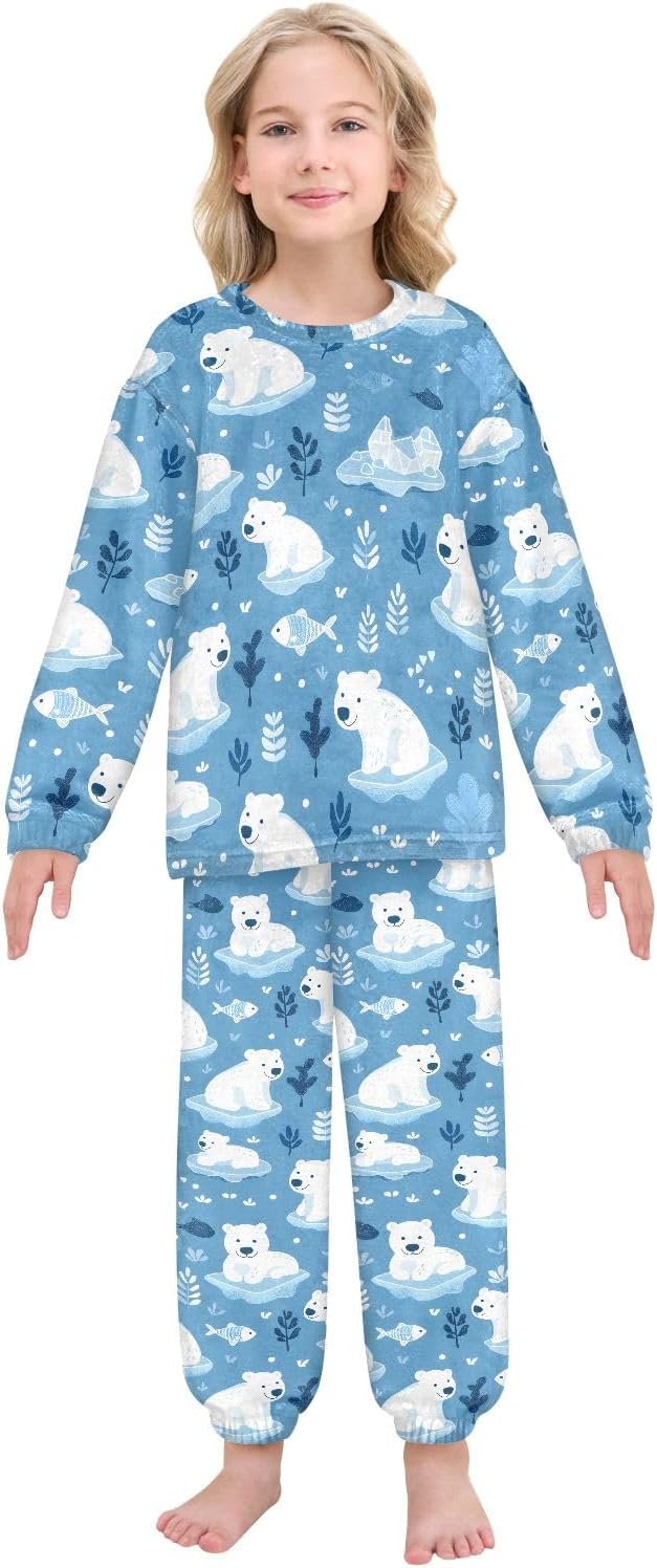 Kids Flannel Sets Cute Arctic Polar Bears Warm Plush Relaxed Clothing for Boys and Girls