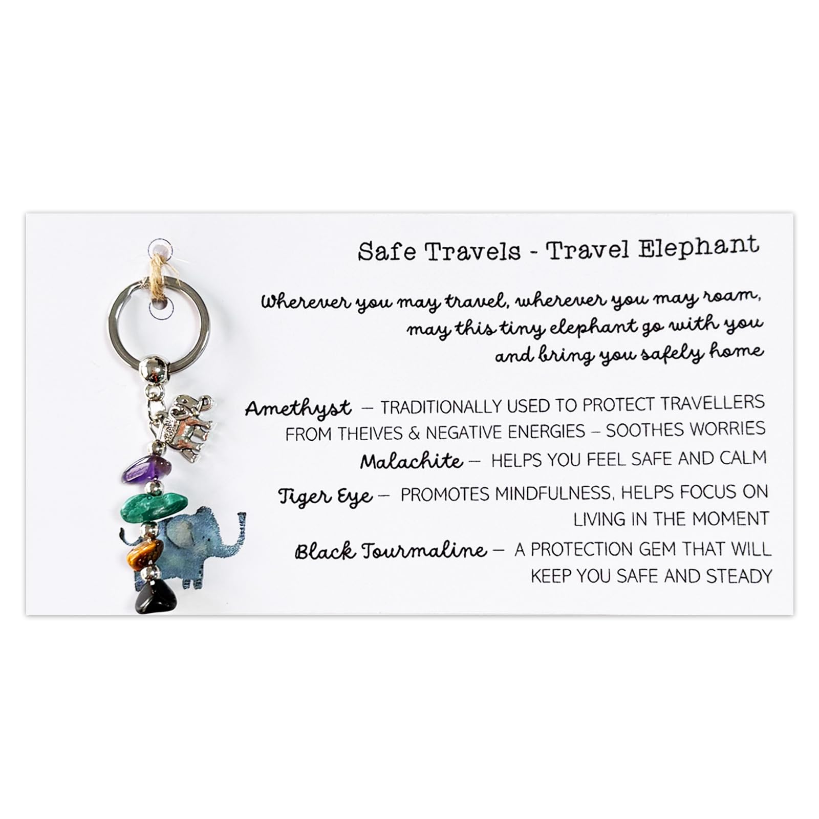 Virelle Unisex Silver Safe Travels Travel Elephant Charm Keychain – Healing Crystal Gift Set With Moonstone, Rose Quartz, Aquamarine & Malachite For Protection, Self-Care & Courage