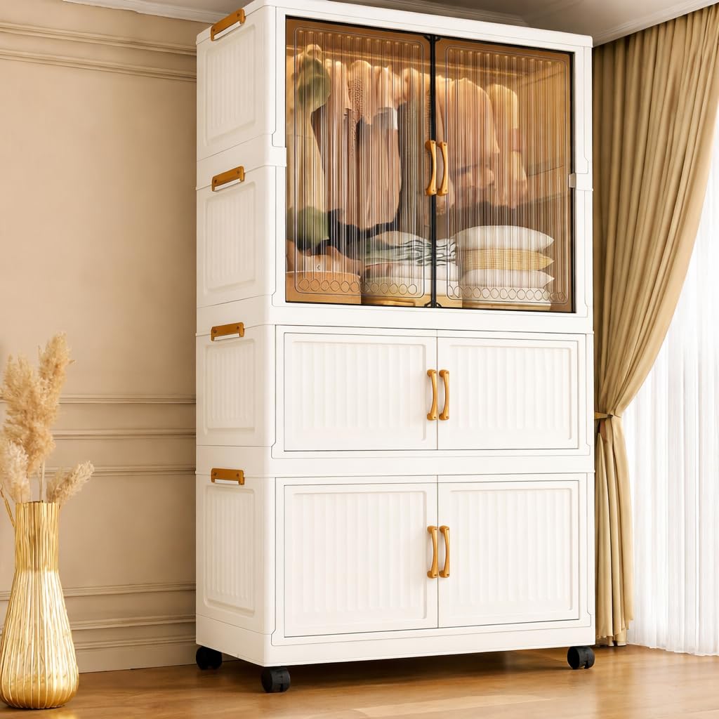 EXVITO Modular Plastic Wardrobe for Bedroom | 1 Tier+2 Bins Foldable Cupboard with Hanging Rod | Stackable Storage Almirah for Clothes with Wheels | Multi-Layer Plastic Storage Cabinet-(Beige)