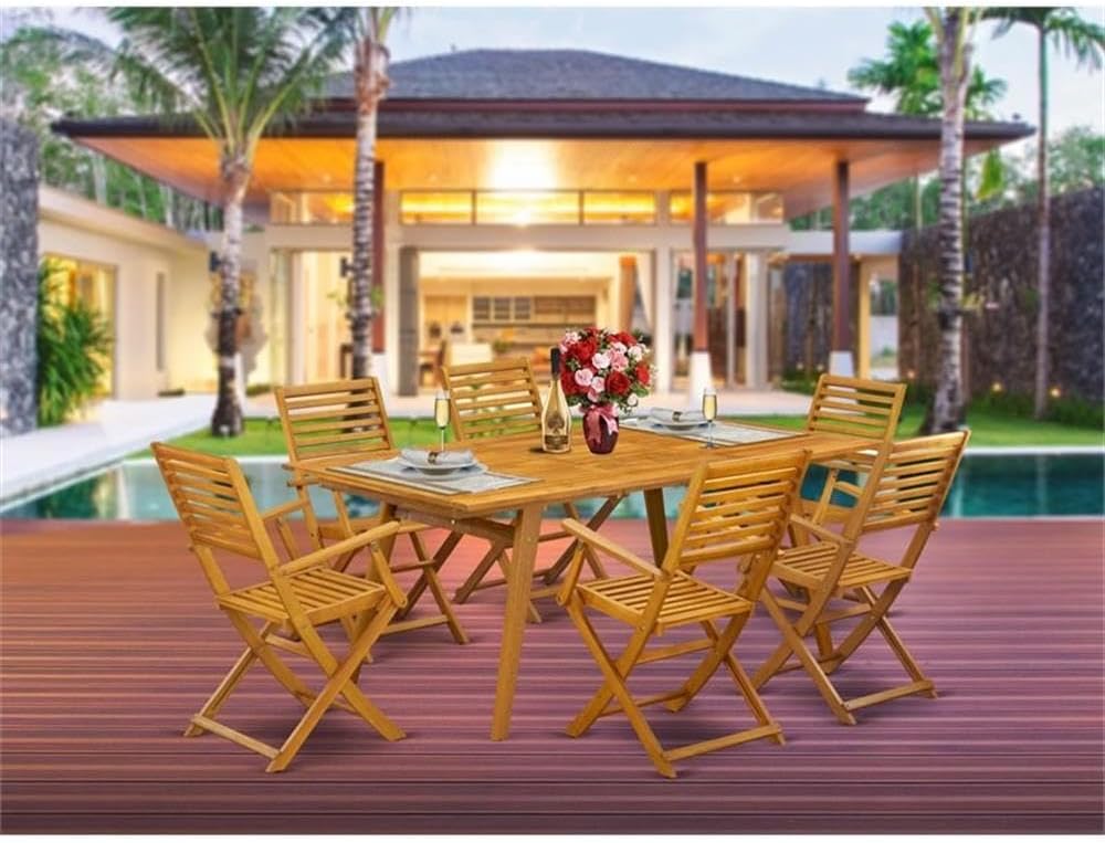 Pemberly Row Traditional 7-Piece Wood Patio Dining Set, Natural Oil Finish, Includes Rectangular Table and 6 Folding Chairs, Rubber Wood Construction, Ladder Back Design, Ideal for Outdoor Seating or