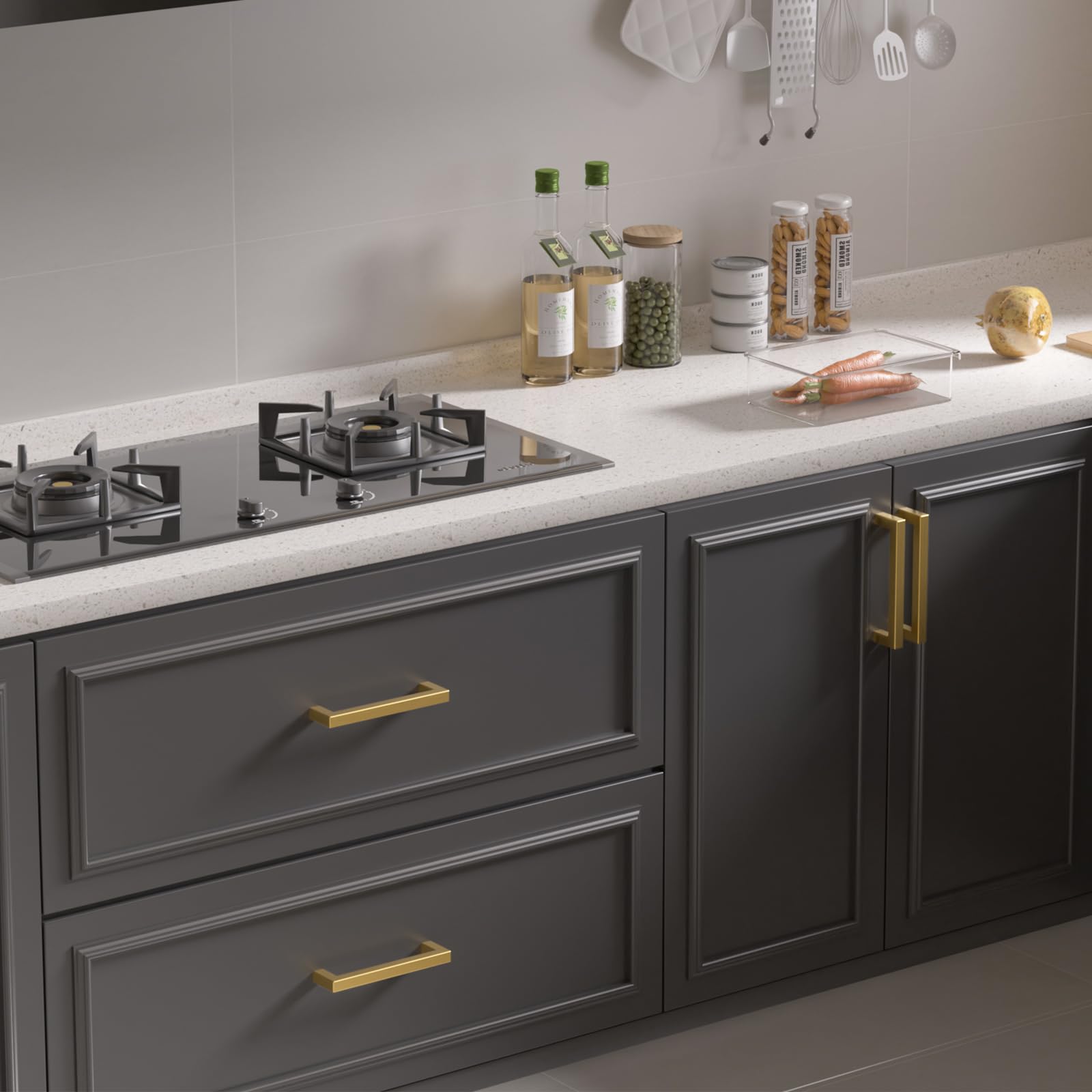 Haidms Confezione da 10 maniglie per armadietti da 10 cm, color oro spazzolato, per cassetti, in acciaio inox, quadrate, moderne, per cucina e bagno
