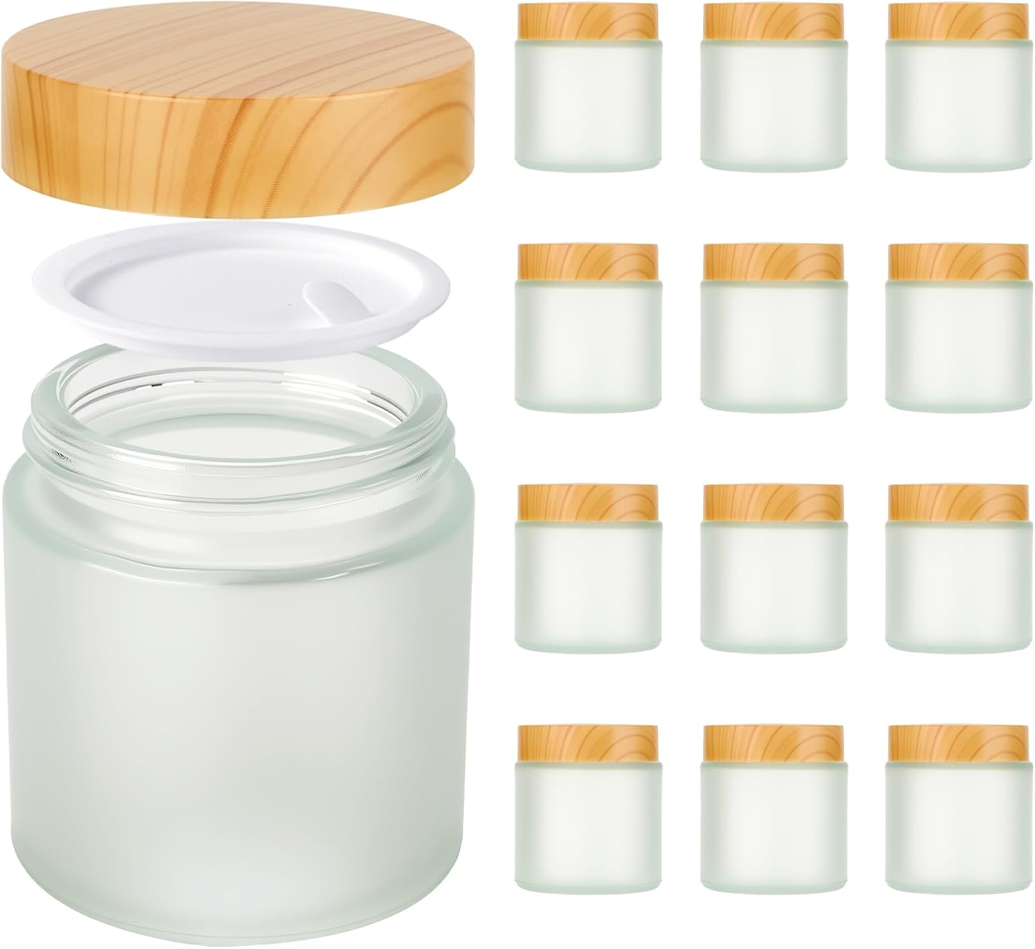4oz Jars with Lids, Hoa Kinh 12 Pack Frosted Glass Jars with Lids Empty Cosmetic Containers Round Airtight Glass Jar with Inner Liners and Woodgrain Lid for Storing Lotions, Powders, and Ointments