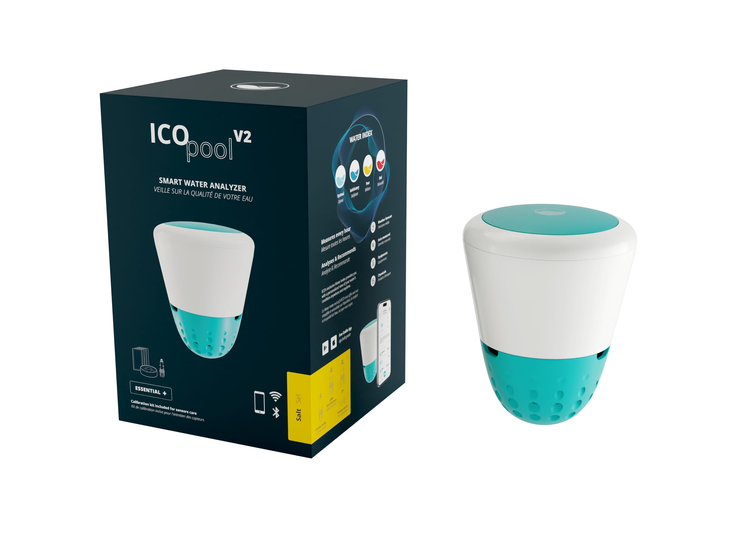 Ondilo ICO Pool V2 Essential+ Sel - Analyseur d'eau électronique pour piscines traitées au sel - Mesures toutes les heures pH, ORP, TDS et température de l'eau - Kit de calibration inclus