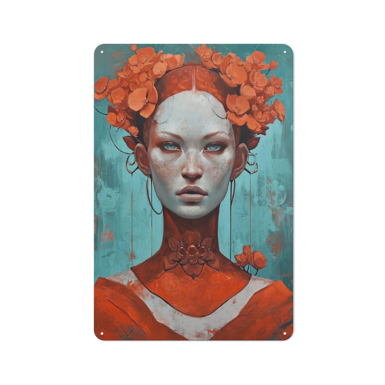 30x20cm Rustic Tin Wall Plaque with Woman with Flowers for Home Bar Wall, for Home Interiors, Feature Walls And Decorative Displays