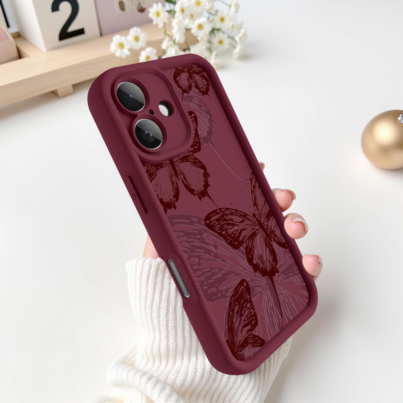 Custodia per iPhone 17, design creativo con motivo a farfalla, per ragazze e donne, in morbido silicone antiurto e antigraffio, cover per iPhone 17 (farfalla rossa bordeaux)