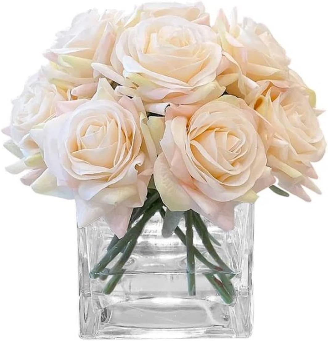 12 Real Touch Rose Arrangement-White Real Touch Flower Arrangement-Artificial Faux Silk Rose Centerpiece-Rose Floral Arrangement (Champagne)