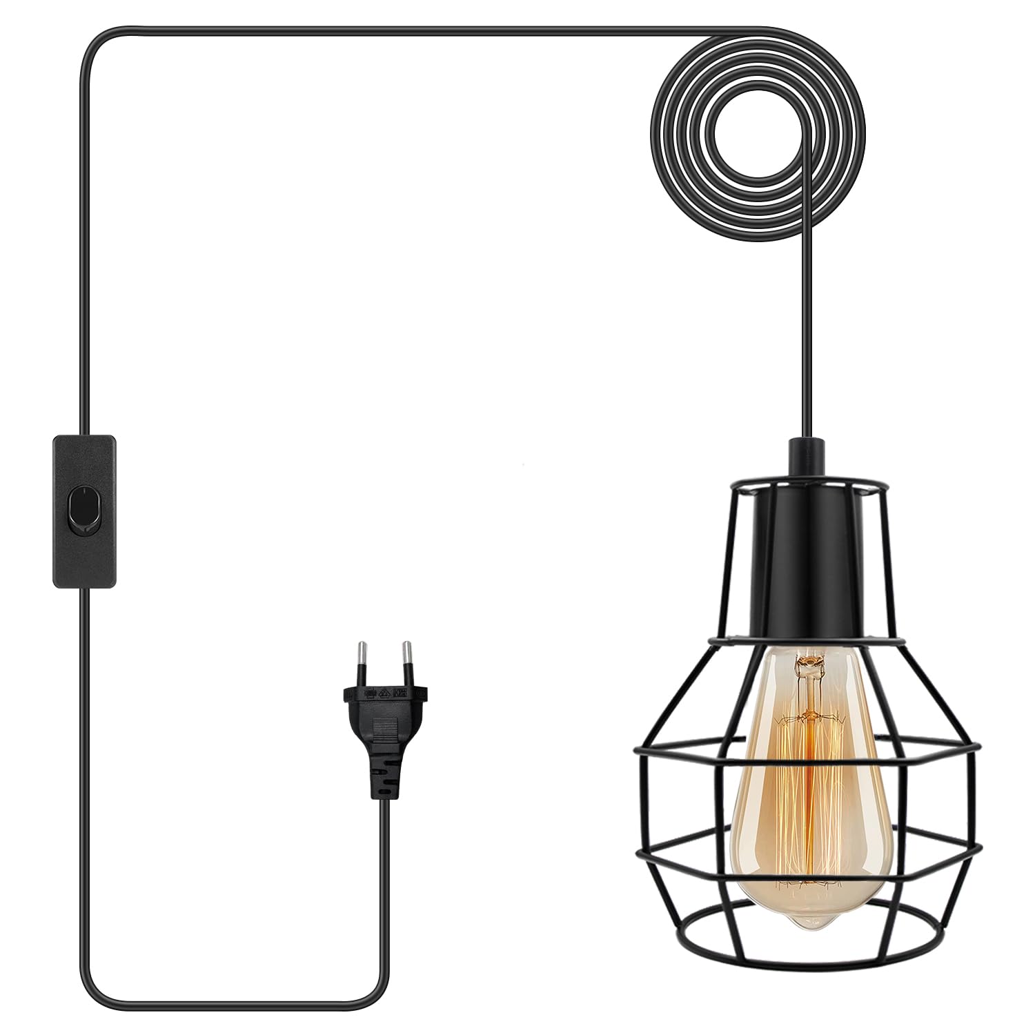 Vintage Hängelampe mit Stecker, Industrie Metall Käfig Pendellampe mit 600cm Kabel, Retro E27 Lampefassung Edison-Stil Schwarz, Plug in Hängeleuchte Kit für Farmhouse Loft Wohnzimmer