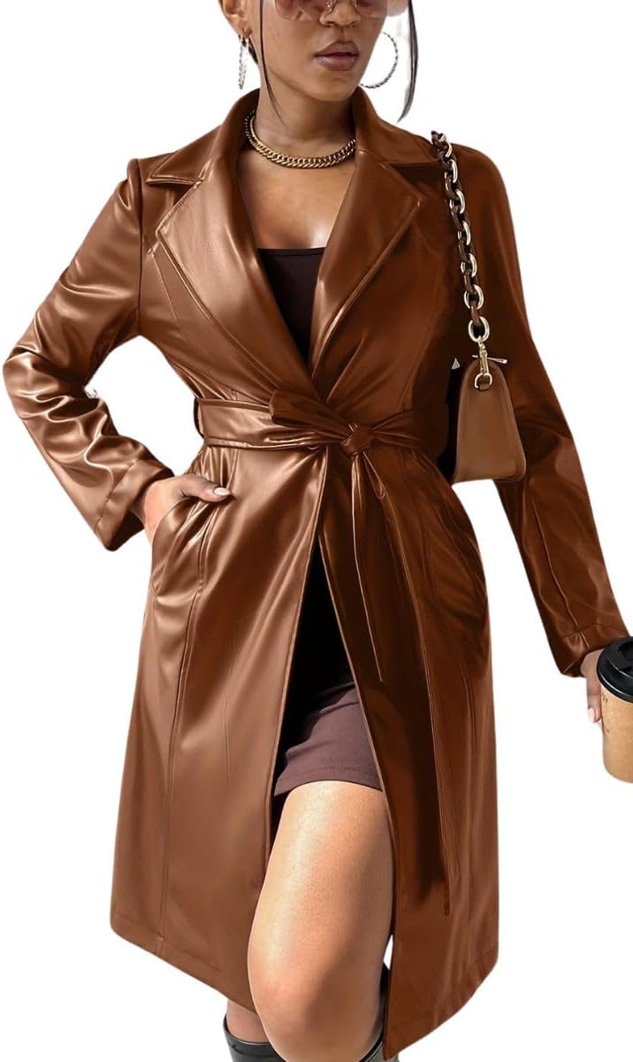 Women Faux Leather Trench Coat Lapel Open Front Long Sleeve Motorcycle Biker Pu Blazer Jacket Overcoat with Belt