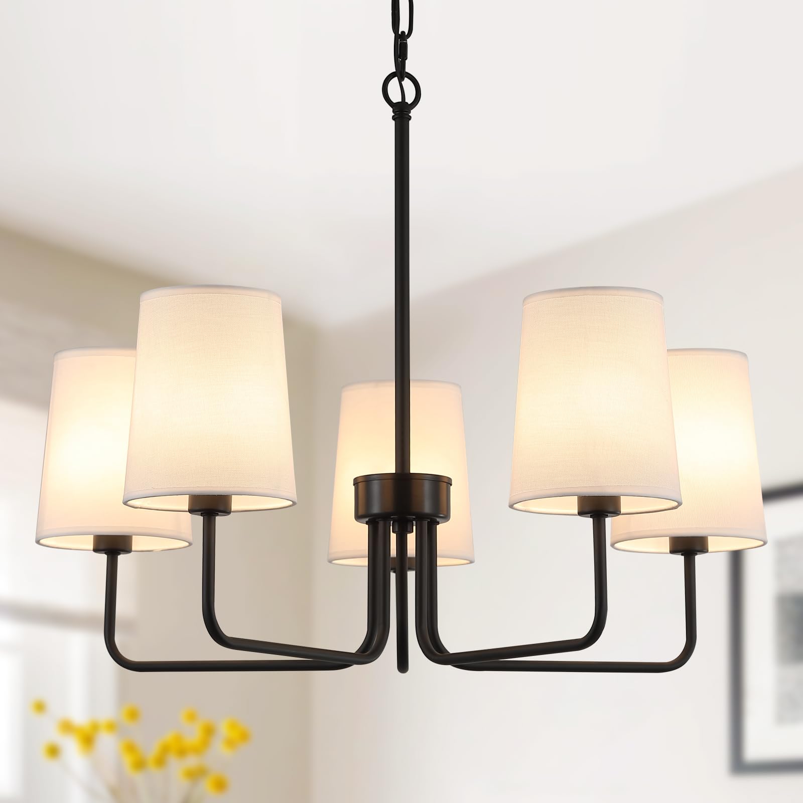 AMZASA Farmhouse Chandelier, Matte Black with White Fabric Shade, Farmhouse Linear Island Lighting Fixture for Kitchen, Dining Room (5-Light Matte Black with Fabric Shades)
