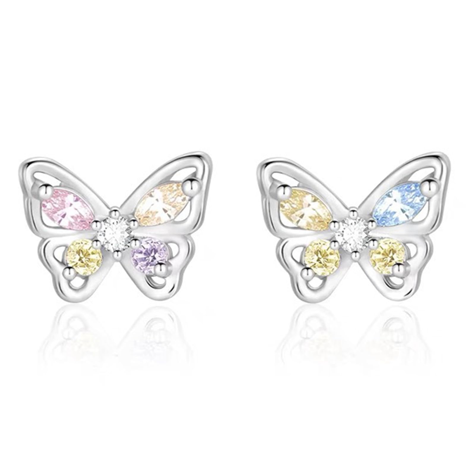 BUKYCAT Pendientes de botón de plata de ley 925, Mariposa Zirconia Cúbica Pendientes, Pendientes Hipoalergenicos Niña, Plata Ley 925 Pendientes con Caja de Regalo