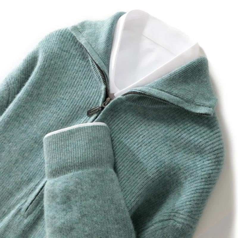 Men's Merino Wool Sweater Turn Down Collar Zipper Pullover Fall Winter Warm Tops2