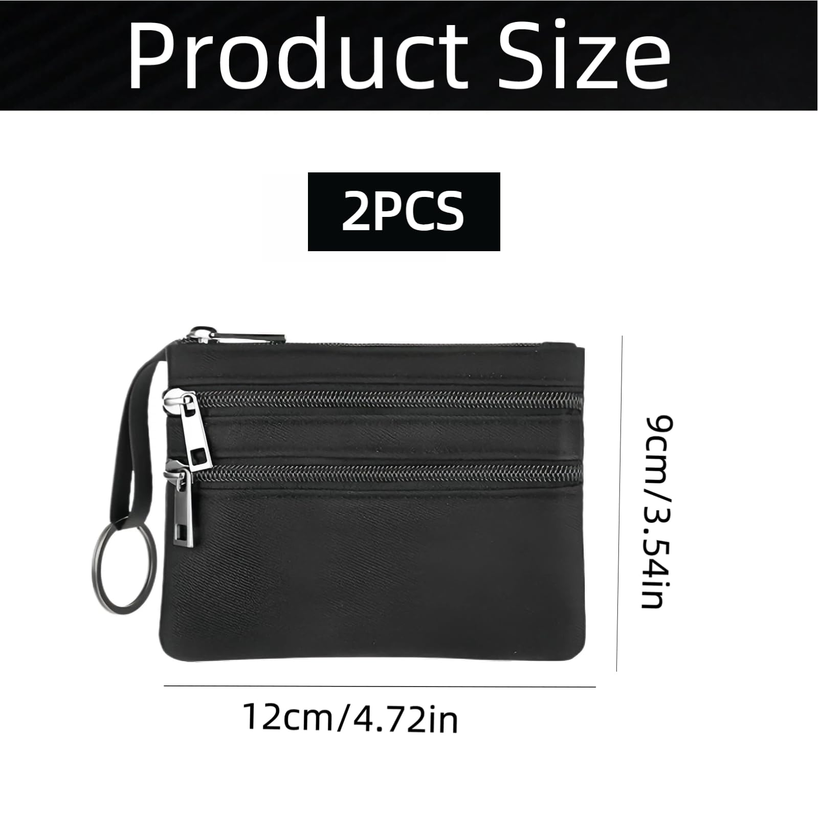 2PCS Petit Porte Monnaie Femme avec 3 Fermeture Éclair Poches et Porte Clés, Petit Porte Monnaie Compact avec 3 Fermetures Éclair et Porte-Clés pour Cartes, Pièces, Clés et Bijoux