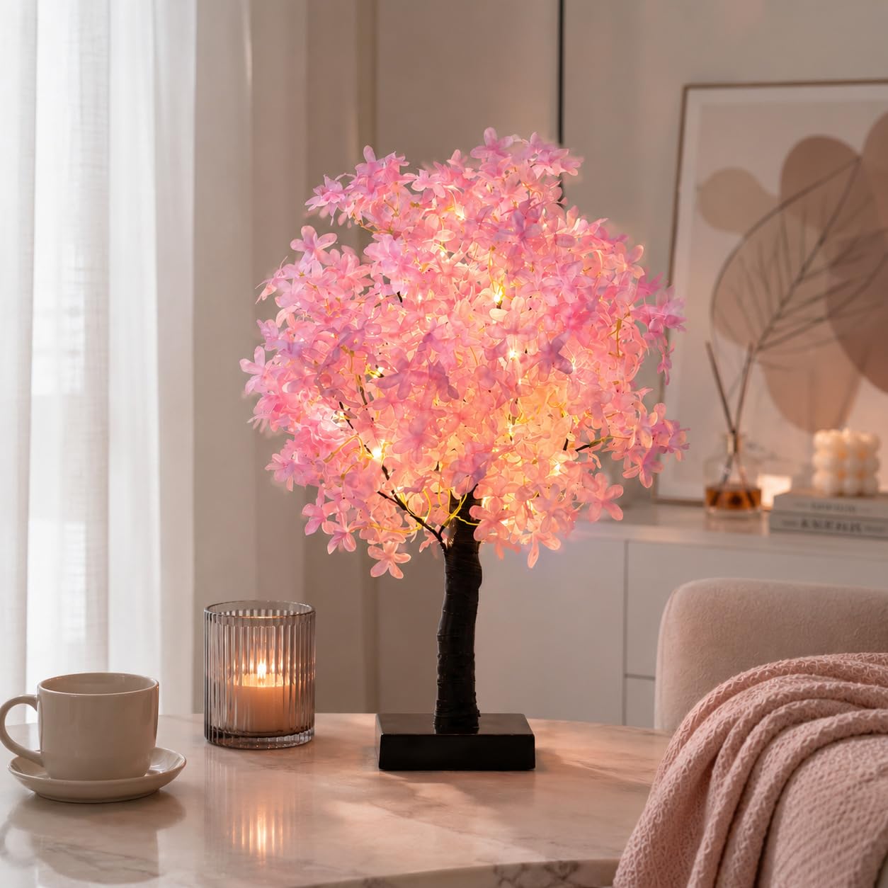 Luz nocturna de árbol rosa, lámpara ambiental de brillo suave para dormitorio, decoración romántica de mesa de cerezo, luz LED alimentada por USB para sala de estar, regalo para el día de San Valentín