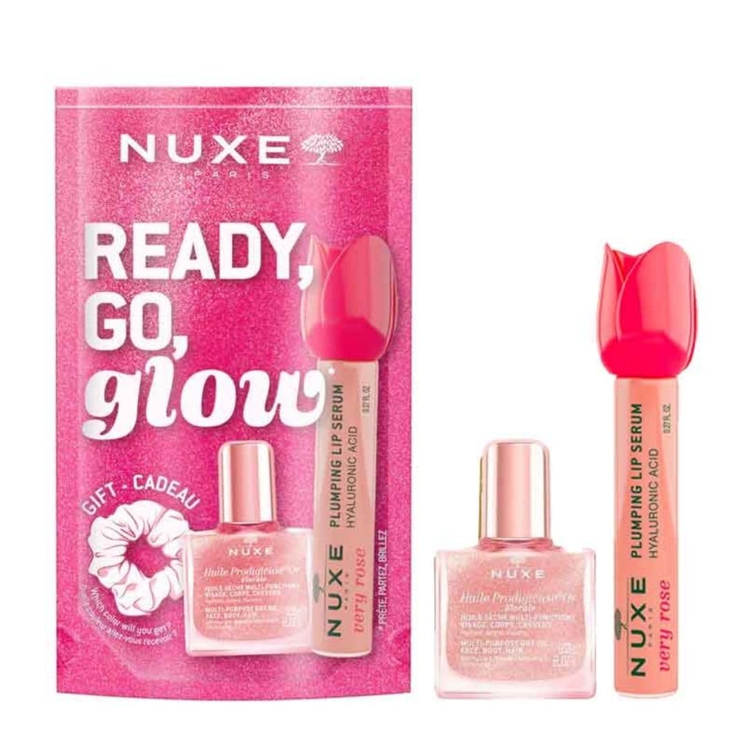 Nuxe Gesichtspflege-Set Pink Glow on the Go Set – Huile Prodigieuse Florale Or, Very Rose Lip Plumping Gloss, Haargummi