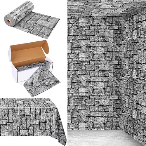 Image of Kochorie 300 Ft X 54 Inch Stone Wall Tablecloth Roll with Cutter Box Disposable Plastic Stone Table Cover Medieval Stone Brick Table Cloth Dirt Floor Wall Backdrops for Farm Wedding Birthday Party