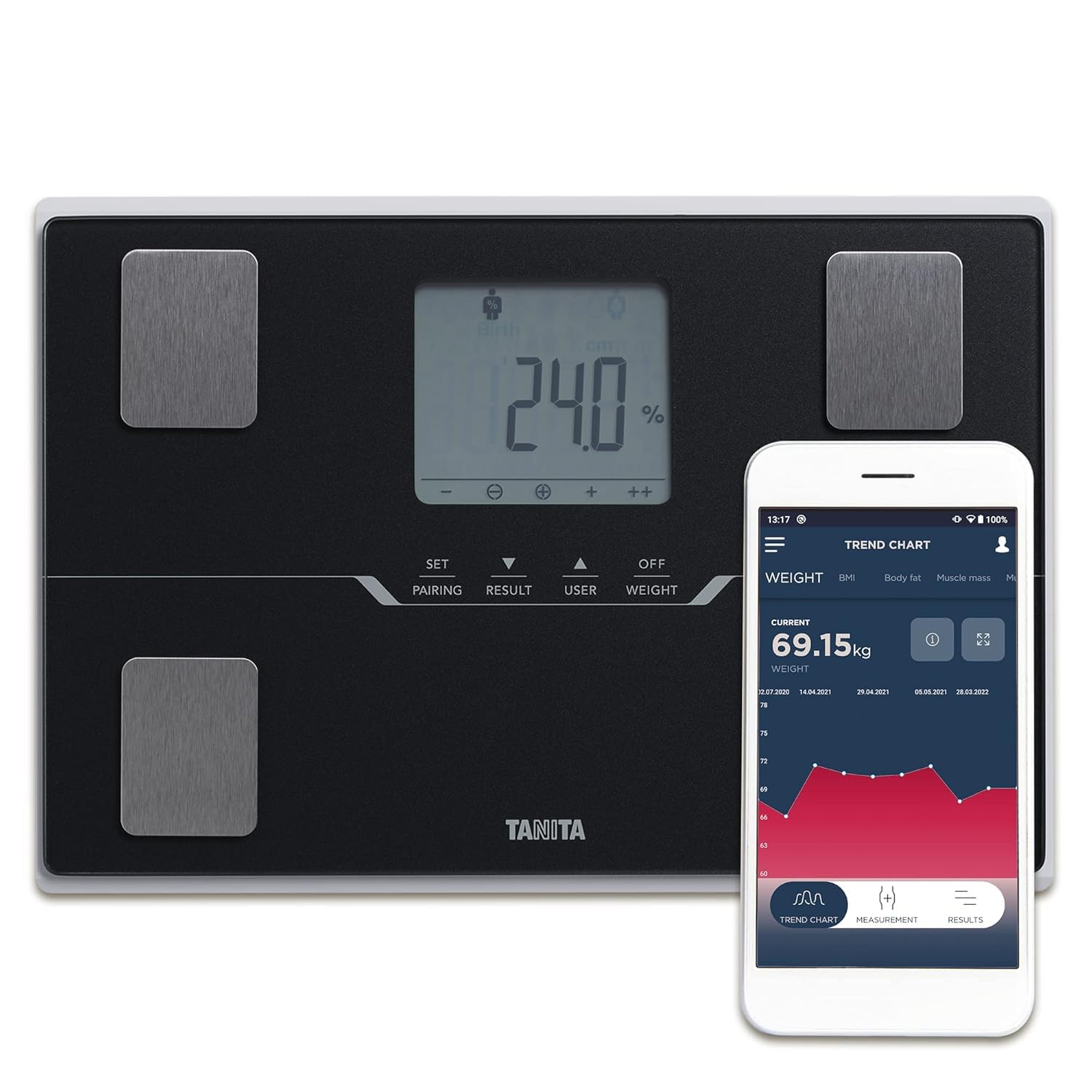 TANITA BC-401 Báscula inteligente de composición corporal familiar compacta negra con aplicación para seguimiento de la aptitud física