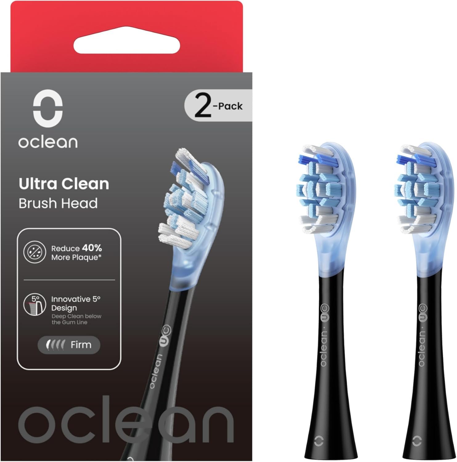 Oclean Replacement Toothbrush Heads, Firm Plaque Removal Bristles, 2-Pack, Black, Compatible with All Oclean Adult Electric Toothbrushes (Ultra Clean)