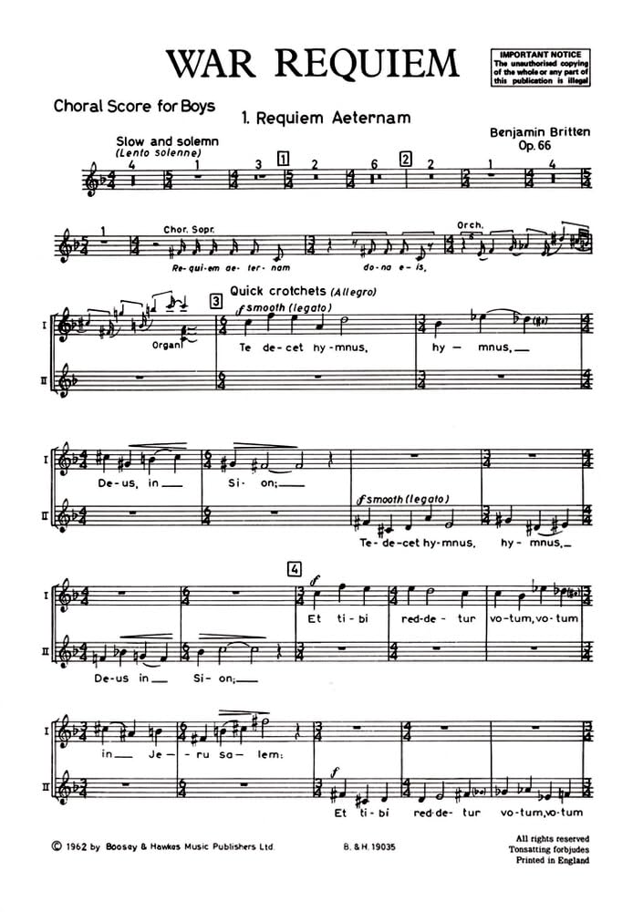 War Requiem: op. 66. soloists (STBar), mixed choir (SATB), boys' choir, orchestra and chamber orchestra. Partie de chœur.