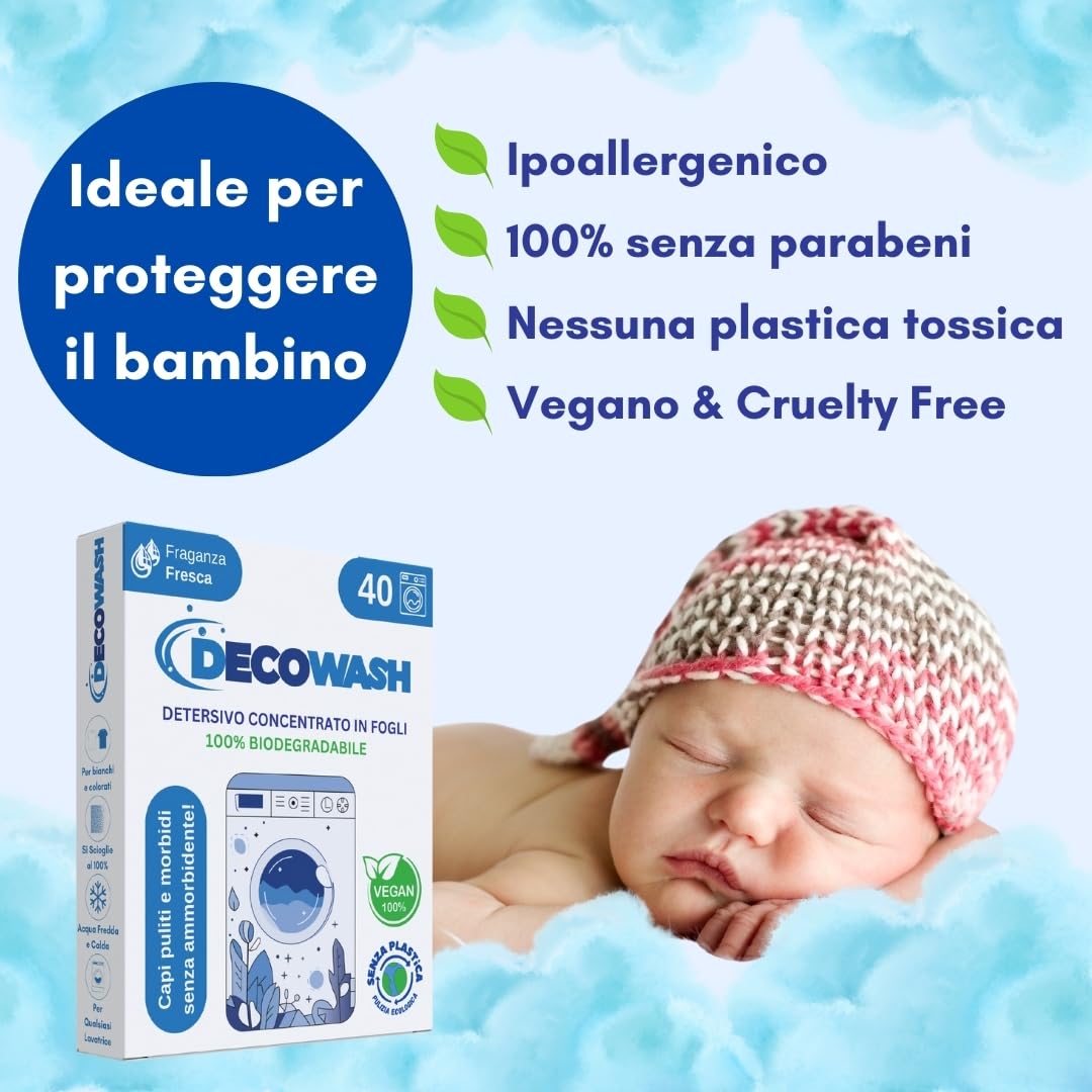 Detersivo in Fogli per Lavatrice (Fino a 400 Usi) Ecologico, Ipoallergenico, Senza Plastica, Sapone in Fogli per Bucato Pulito e Morbido, Perfetto per Viaggio, Bimbi e Pelli Sensibili, Frgranza Fresca
