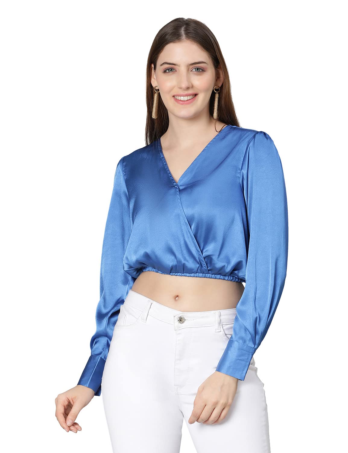 oxolloxo Gliiter Solid Elasticated Women Satin Crop Top-picture-26