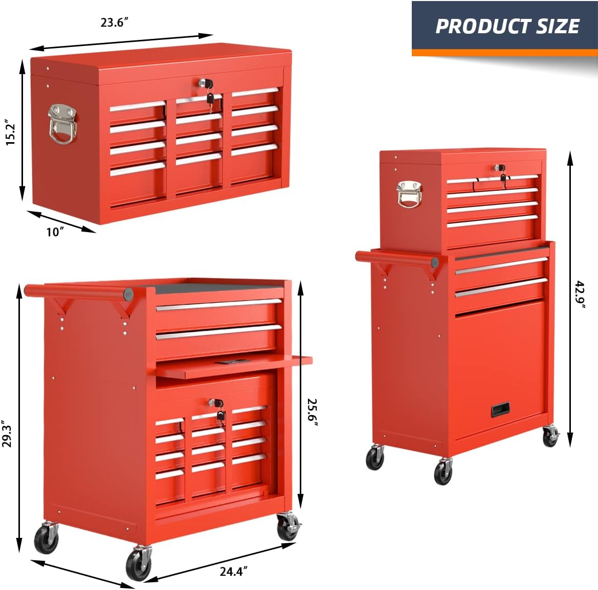 8-Drawer Rolling Tool Chest & Removable Tool Box with Locking System, Tool Box Organizer with 4 Wheels&Hooks, Large Capacity Garage Storage Cabinet for Warehouse and Repair Shop(Red)