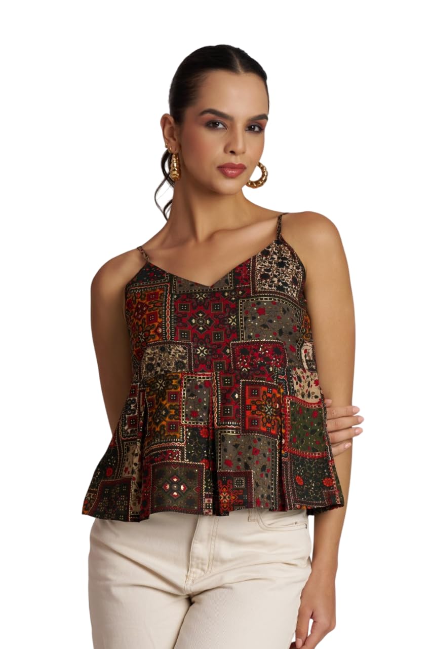 Stylish Ethnic Printed Adjustable Straps with Sliders Sleeveless Cotton Peplum Crop Top