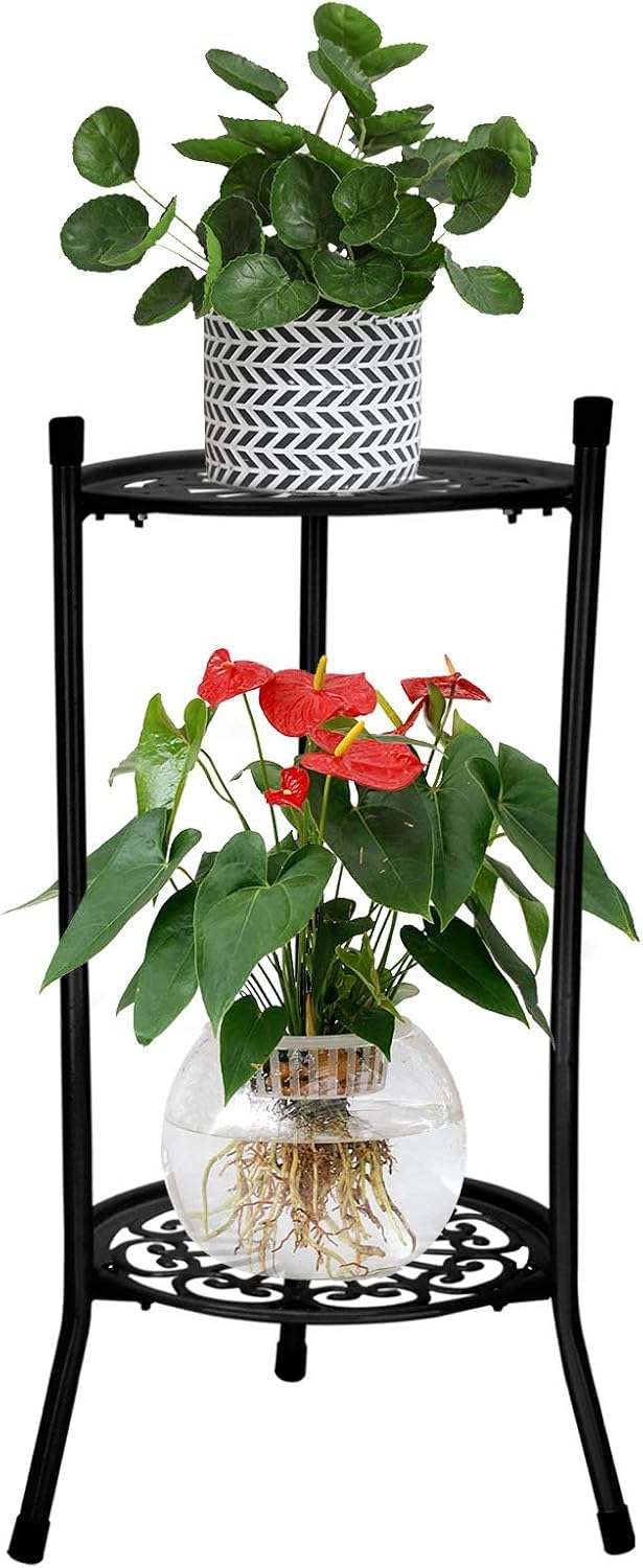 Tall 2-Tier Metal Plant Stand for Indoor Outdoor Use, Black Flower Pot Rack (50x30cm)